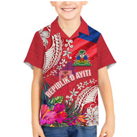 Personalised Haiti Coat Of Arms Family Matching Mermaid Dress and Hawaiian Shirt Repiblik d Ayiti Tropical Flower Red Polynesian Pattern LT03 Son's Shirt Red - Polynesian Pride