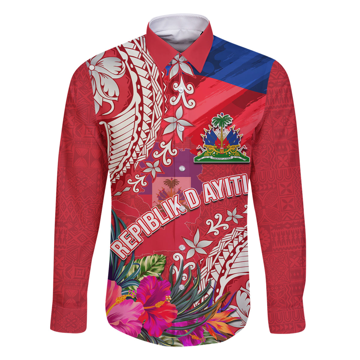 Personalised Haiti Coat Of Arms Family Matching Off Shoulder Long Sleeve Dress and Hawaiian Shirt Repiblik d Ayiti Tropical Flower Red Polynesian Pattern LT03 Dad's Shirt - Long Sleeve Red - Polynesian Pride