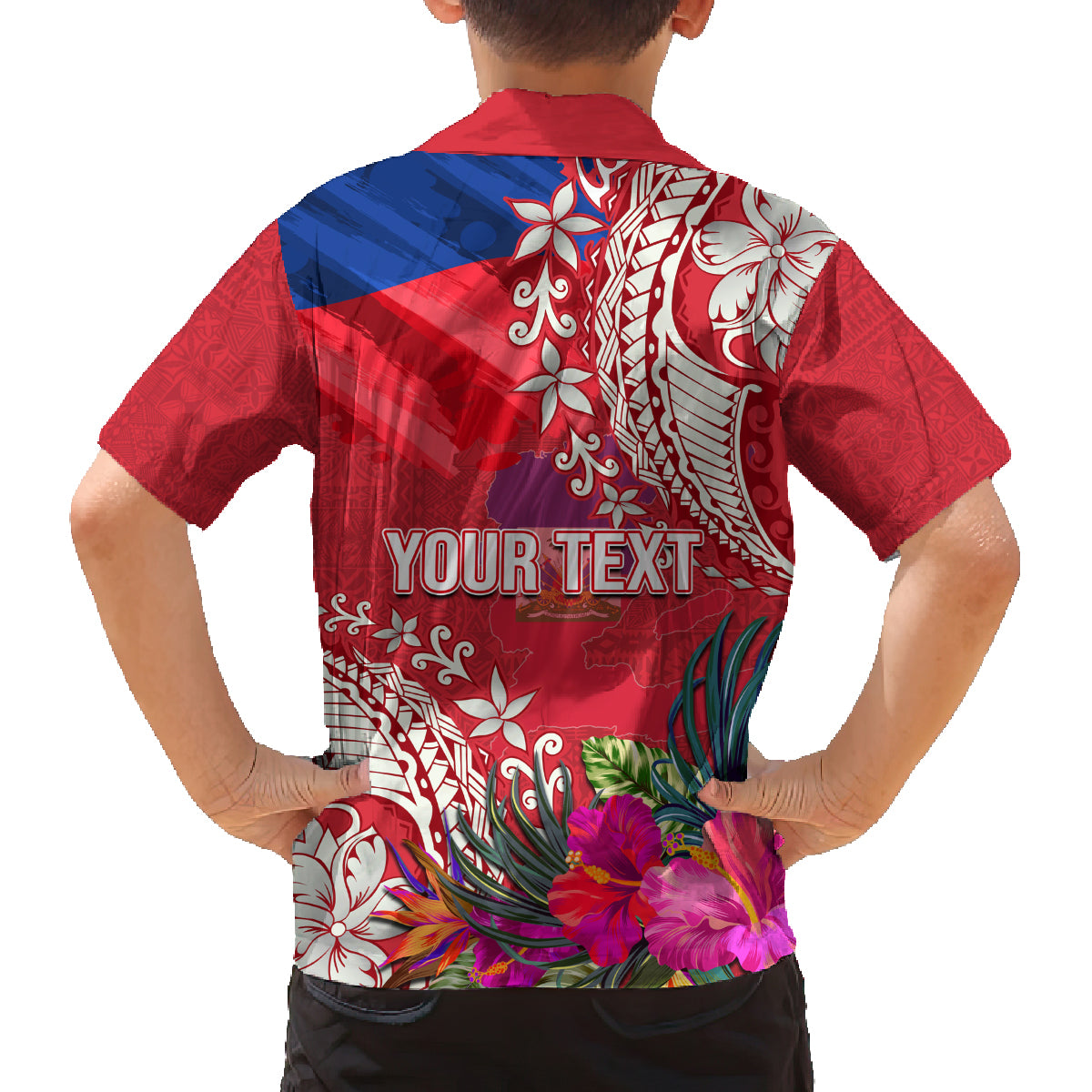 Personalised Haiti Coat Of Arms Family Matching Off Shoulder Maxi Dress and Hawaiian Shirt Repiblik d Ayiti Tropical Flower Red Polynesian Pattern LT03 - Polynesian Pride