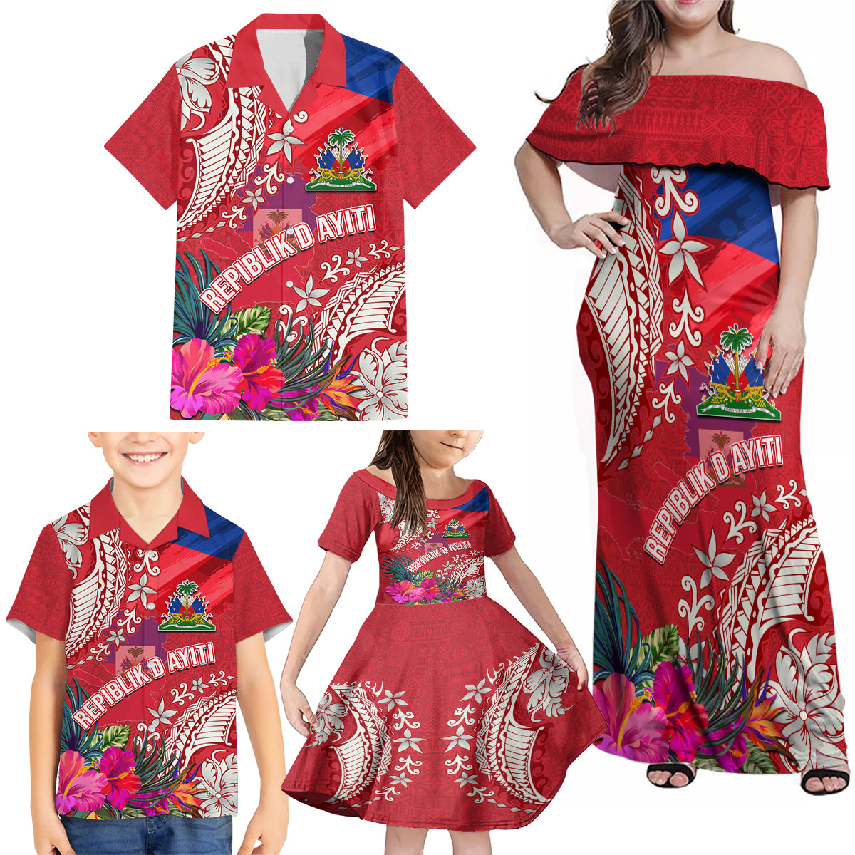 Personalised Haiti Coat Of Arms Family Matching Off Shoulder Maxi Dress and Hawaiian Shirt Repiblik d Ayiti Tropical Flower Red Polynesian Pattern LT03 - Polynesian Pride