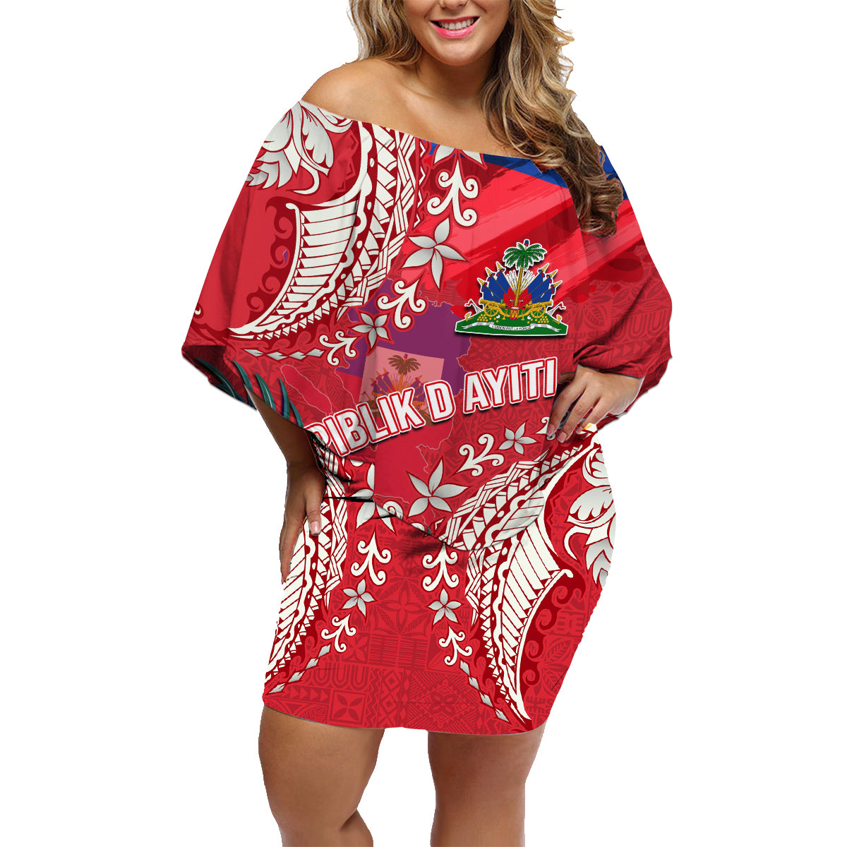 Personalised Haiti Coat Of Arms Family Matching Off Shoulder Short Dress and Hawaiian Shirt Repiblik d Ayiti Tropical Flower Red Polynesian Pattern LT03 Mom's Dress Red - Polynesian Pride