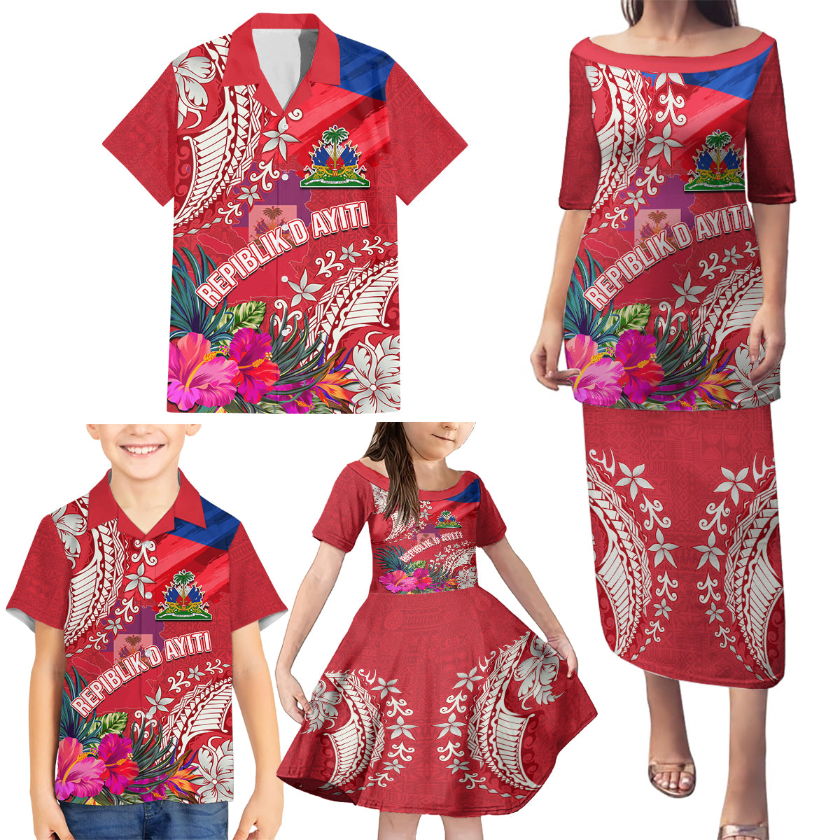 Personalised Haiti Coat Of Arms Family Matching Puletasi Dress and Hawaiian Shirt Repiblik d Ayiti Tropical Flower Red Polynesian Pattern LT03 - Polynesian Pride