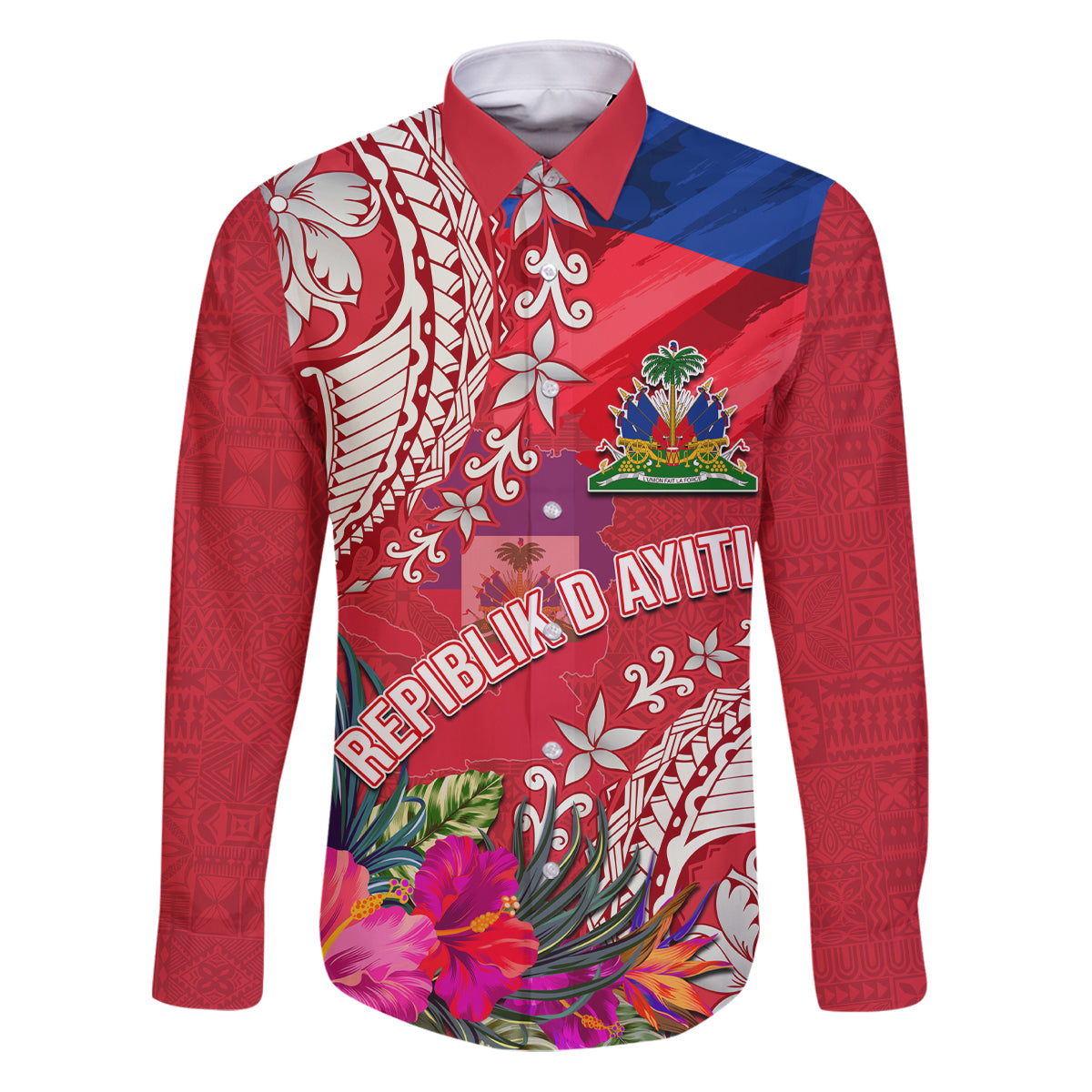 Personalised Haiti Coat Of Arms Family Matching Puletasi Dress and Hawaiian Shirt Repiblik d Ayiti Tropical Flower Red Polynesian Pattern LT03 Dad's Shirt - Long Sleeve Red - Polynesian Pride