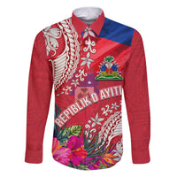 Personalised Haiti Coat Of Arms Family Matching Puletasi Dress and Hawaiian Shirt Repiblik d Ayiti Tropical Flower Red Polynesian Pattern LT03 Dad's Shirt - Long Sleeve Red - Polynesian Pride