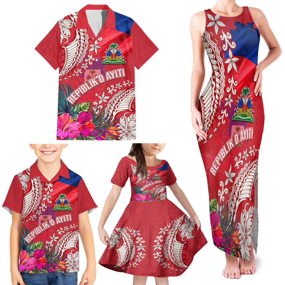 Personalised Haiti Coat Of Arms Family Matching Tank Maxi Dress and Hawaiian Shirt Repiblik d Ayiti Tropical Flower Red Polynesian Pattern LT03 - Polynesian Pride