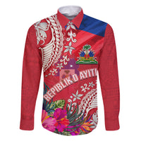 Personalised Haiti Coat Of Arms Family Matching Tank Maxi Dress and Hawaiian Shirt Repiblik d Ayiti Tropical Flower Red Polynesian Pattern LT03 Dad's Shirt - Long Sleeve Red - Polynesian Pride