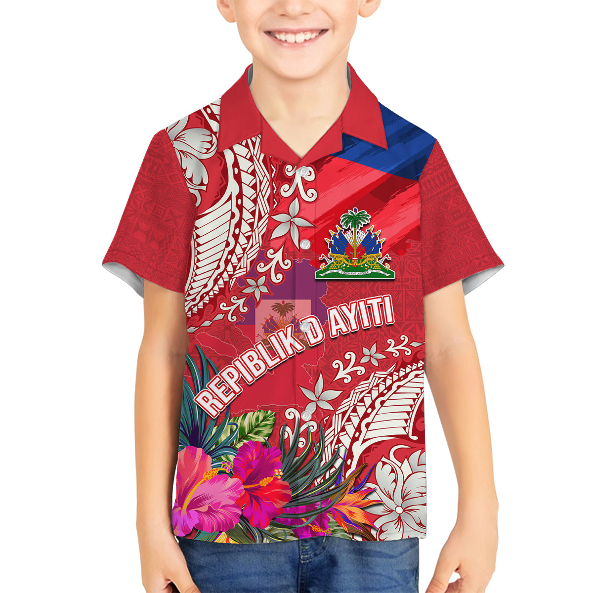 Personalised Haiti Coat Of Arms Family Matching Tank Maxi Dress and Hawaiian Shirt Repiblik d Ayiti Tropical Flower Red Polynesian Pattern LT03 Son's Shirt Red - Polynesian Pride