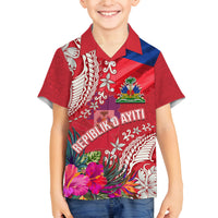 Personalised Haiti Coat Of Arms Family Matching Tank Maxi Dress and Hawaiian Shirt Repiblik d Ayiti Tropical Flower Red Polynesian Pattern LT03 Son's Shirt Red - Polynesian Pride