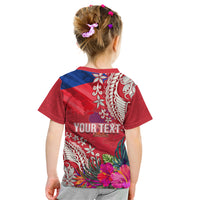 Personalised Haiti Coat Of Arms Kid T Shirt Repiblik d Ayiti Tropical Flower Red Polynesian Pattern LT03 - Polynesian Pride