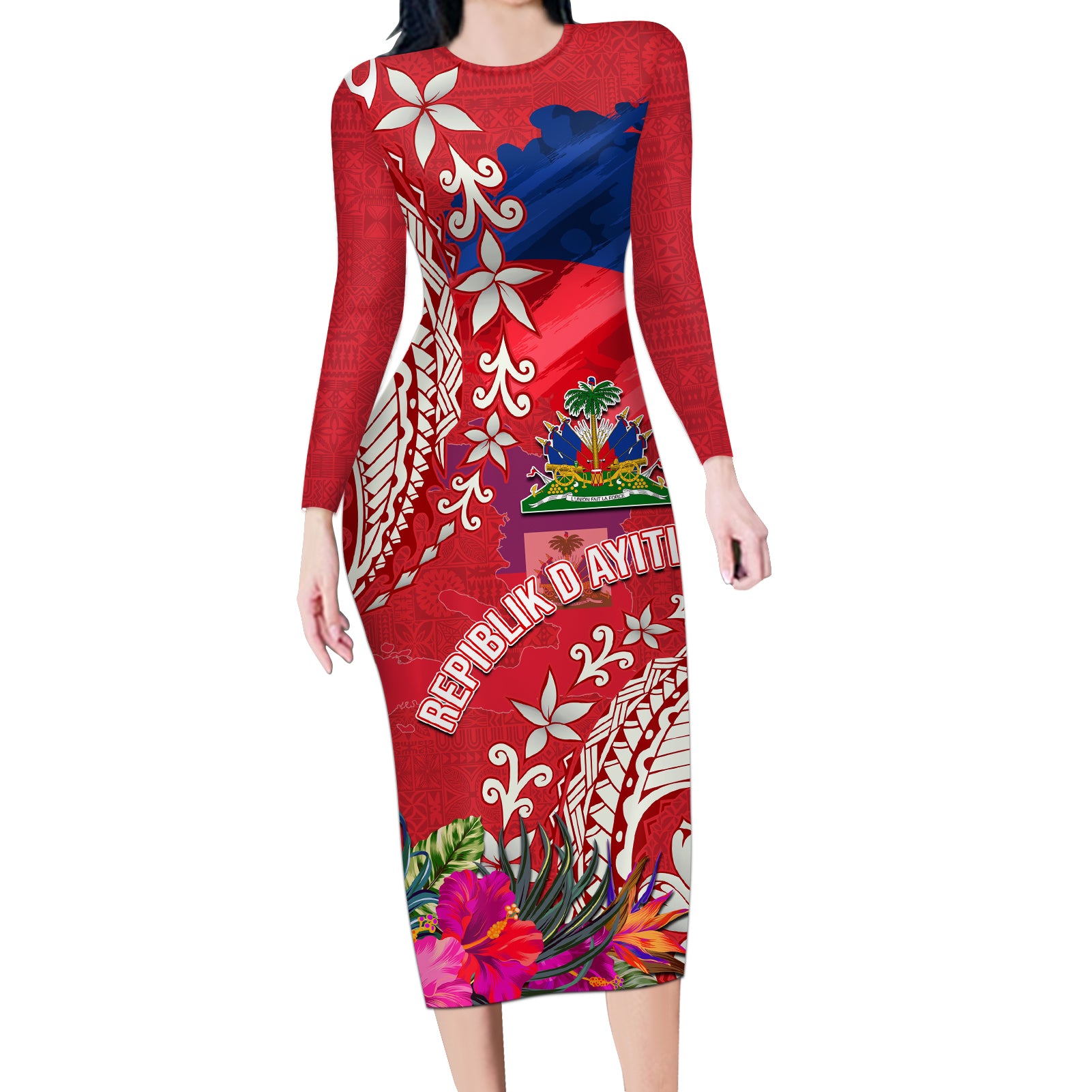 Personalised Haiti Coat Of Arms Long Sleeve Bodycon Dress Repiblik d Ayiti Tropical Flower Red Polynesian Pattern LT03 Long Dress Red - Polynesian Pride