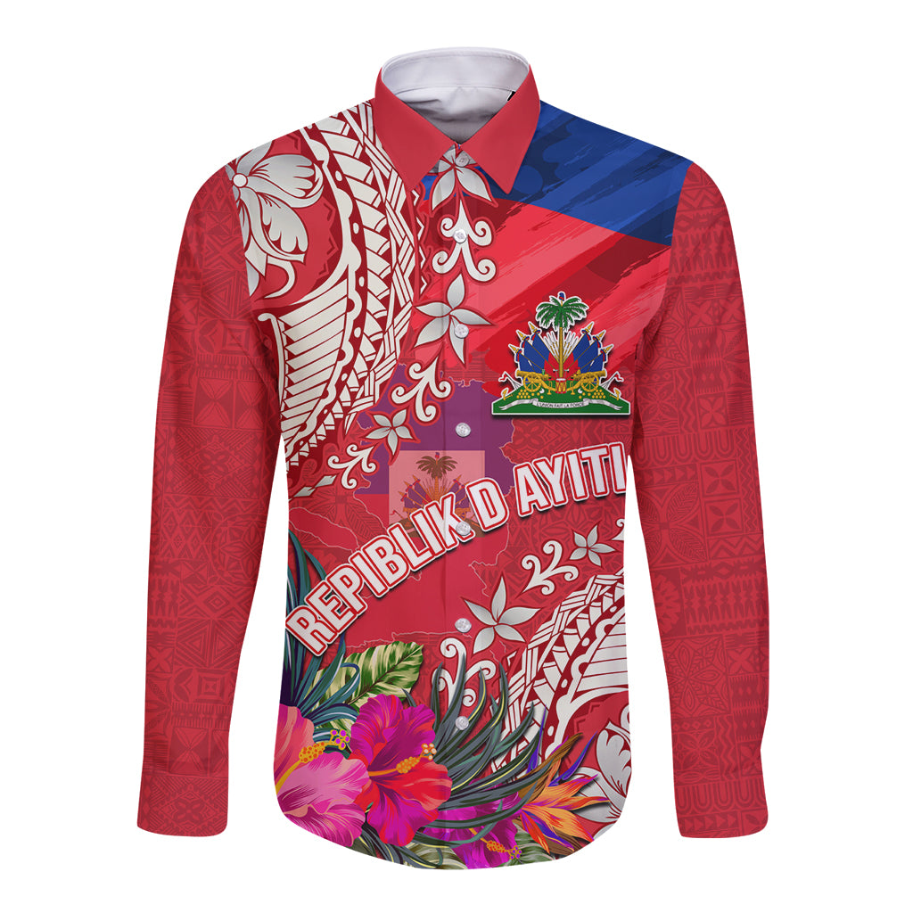 Personalised Haiti Coat Of Arms Long Sleeve Button Shirt Repiblik d Ayiti Tropical Flower Red Polynesian Pattern LT03 Unisex Red - Polynesian Pride