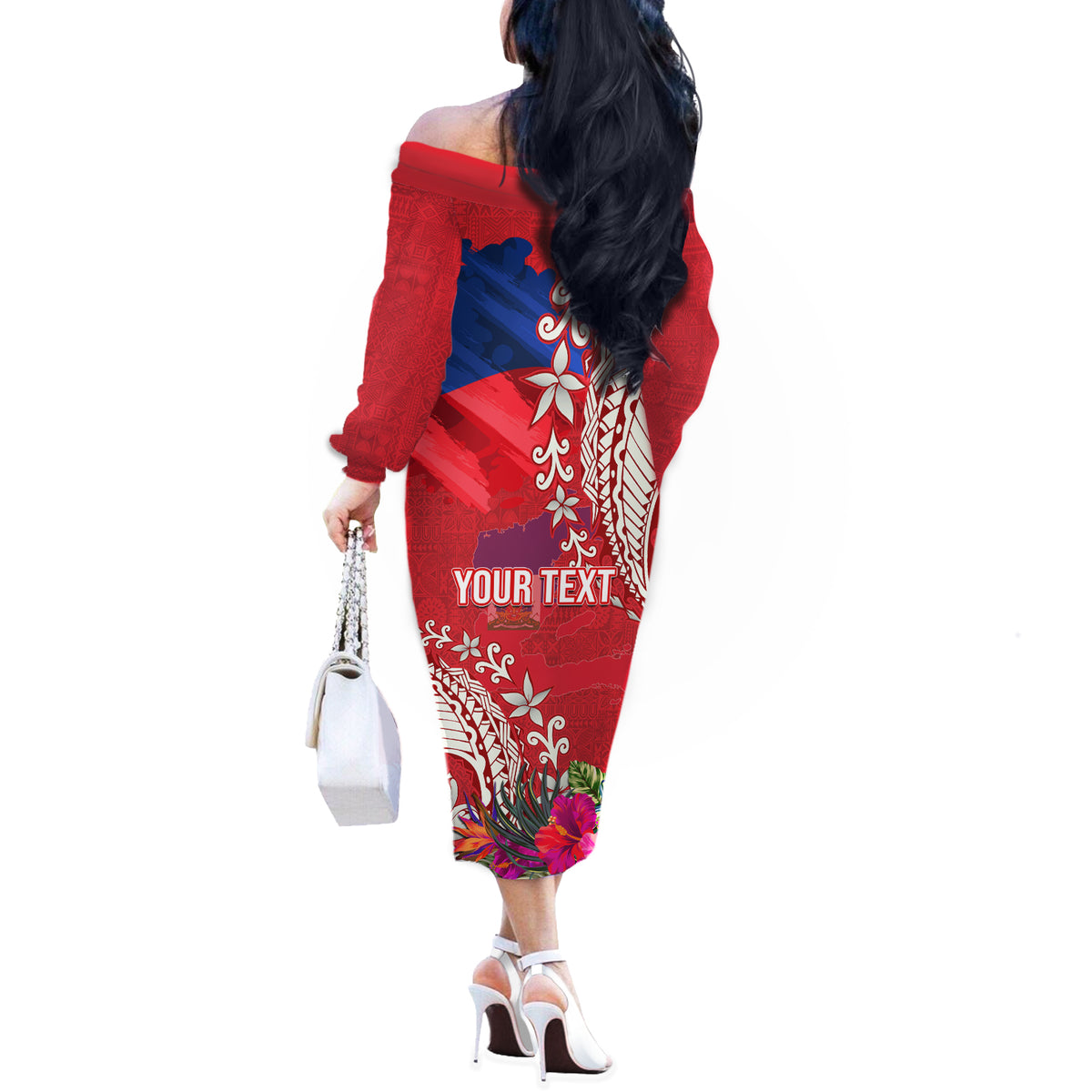 Personalised Haiti Coat Of Arms Off The Shoulder Long Sleeve Dress Repiblik d Ayiti Tropical Flower Red Polynesian Pattern LT03 - Polynesian Pride