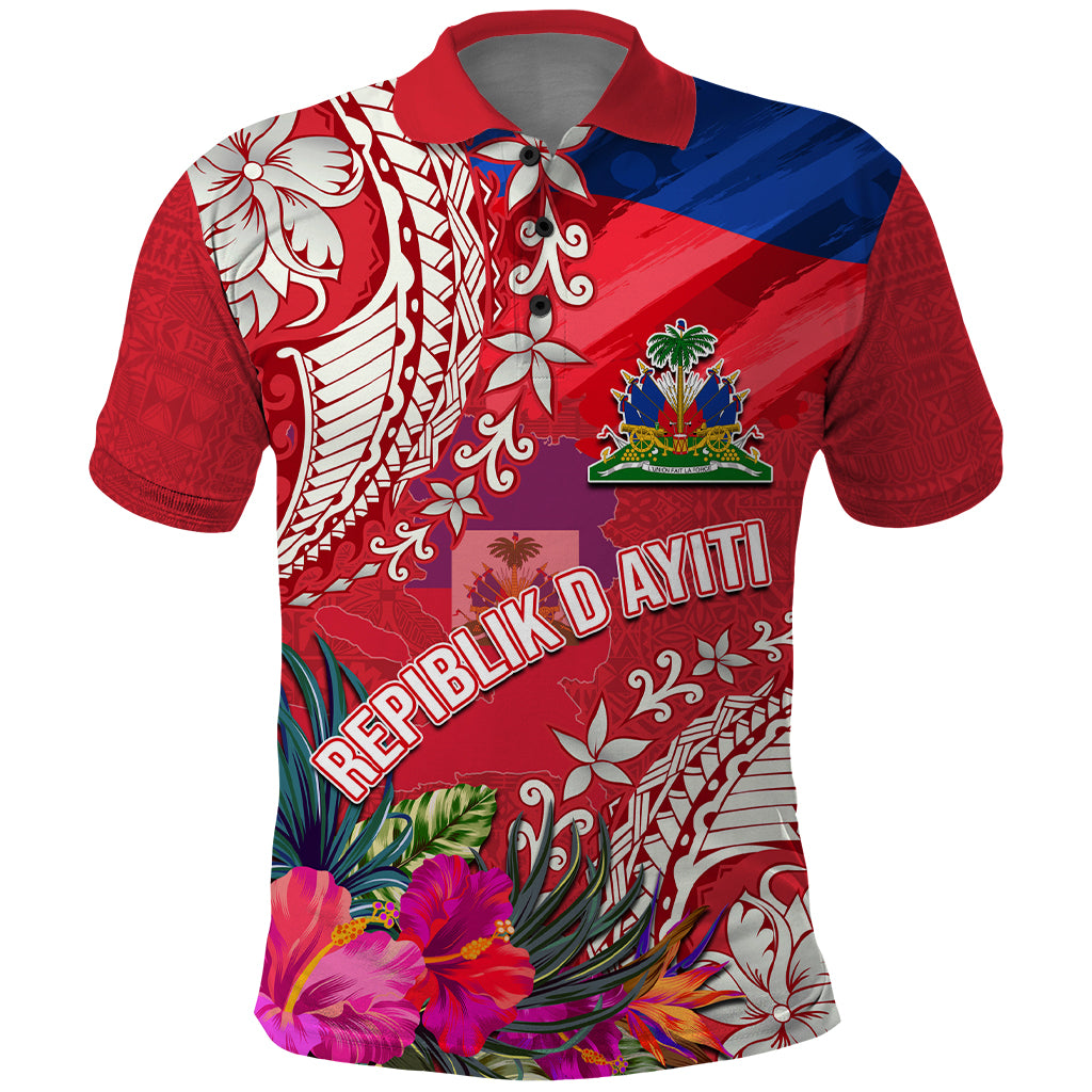 Personalised Haiti Coat Of Arms Polo Shirt Repiblik d Ayiti Tropical Flower Red Polynesian Pattern LT03 Red - Polynesian Pride