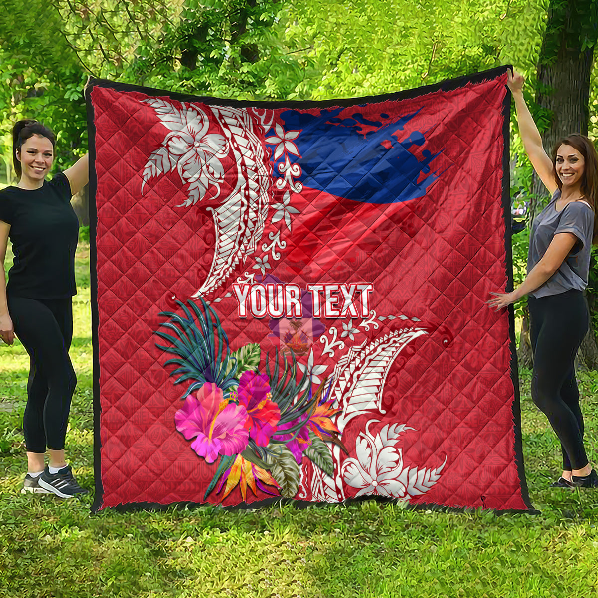 Personalised Haiti Coat Of Arms Quilt Repiblik d Ayiti Tropical Flower Red Polynesian Pattern LT03 - Polynesian Pride
