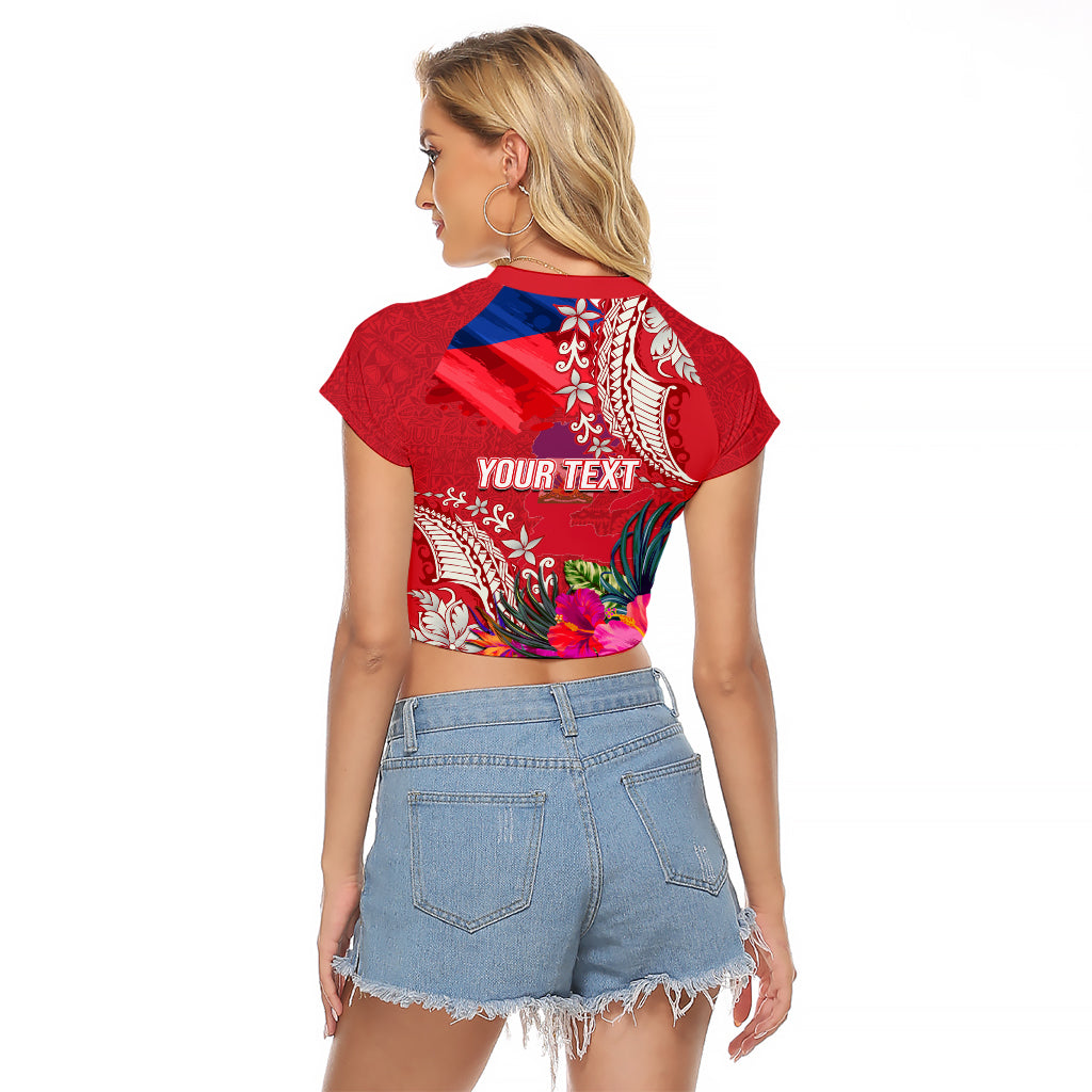 Personalised Haiti Coat Of Arms Raglan Cropped T Shirt Repiblik d Ayiti Tropical Flower Red Polynesian Pattern LT03 - Polynesian Pride