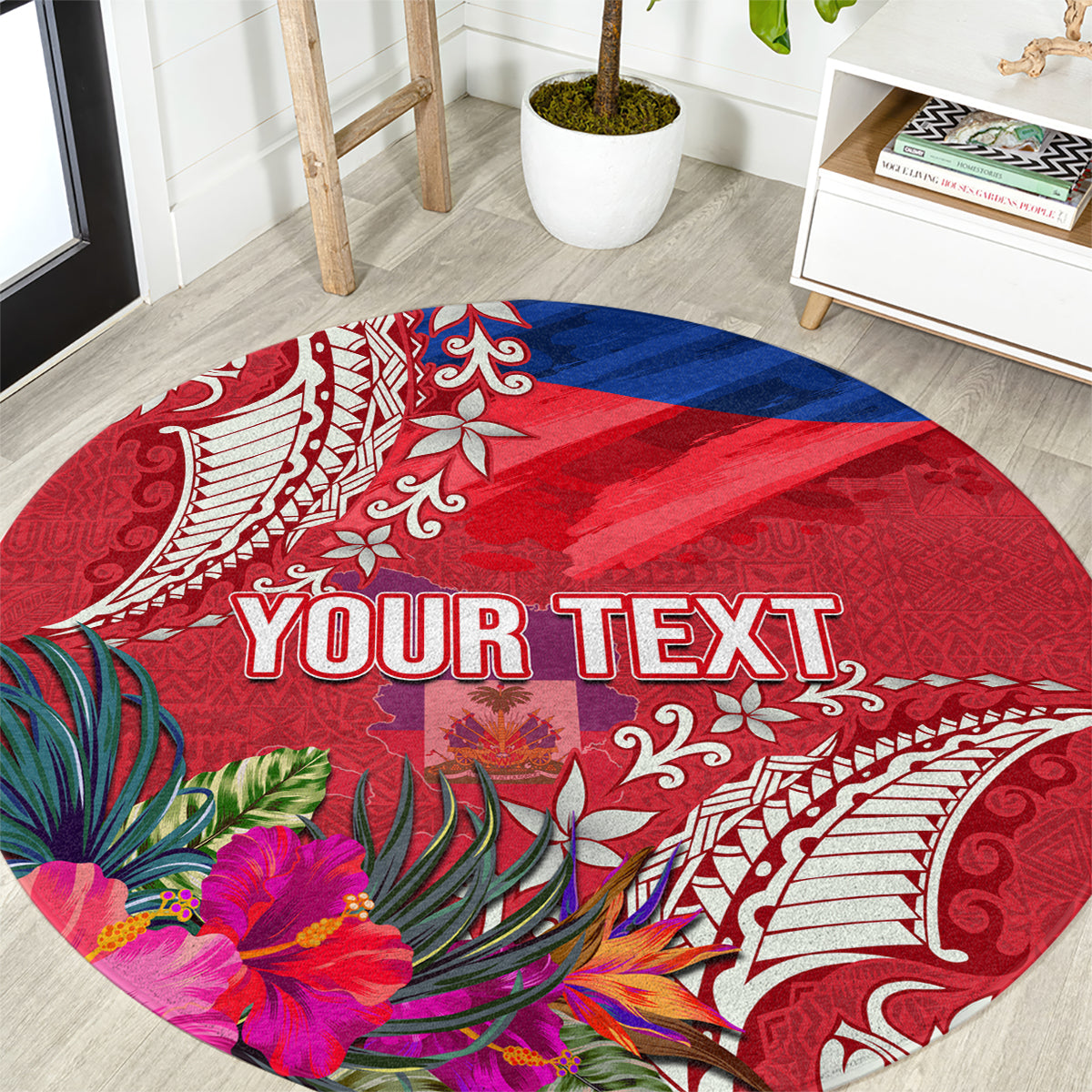 Personalised Haiti Coat Of Arms Round Carpet Repiblik d Ayiti Tropical Flower Red Polynesian Pattern LT03 Red - Polynesian Pride