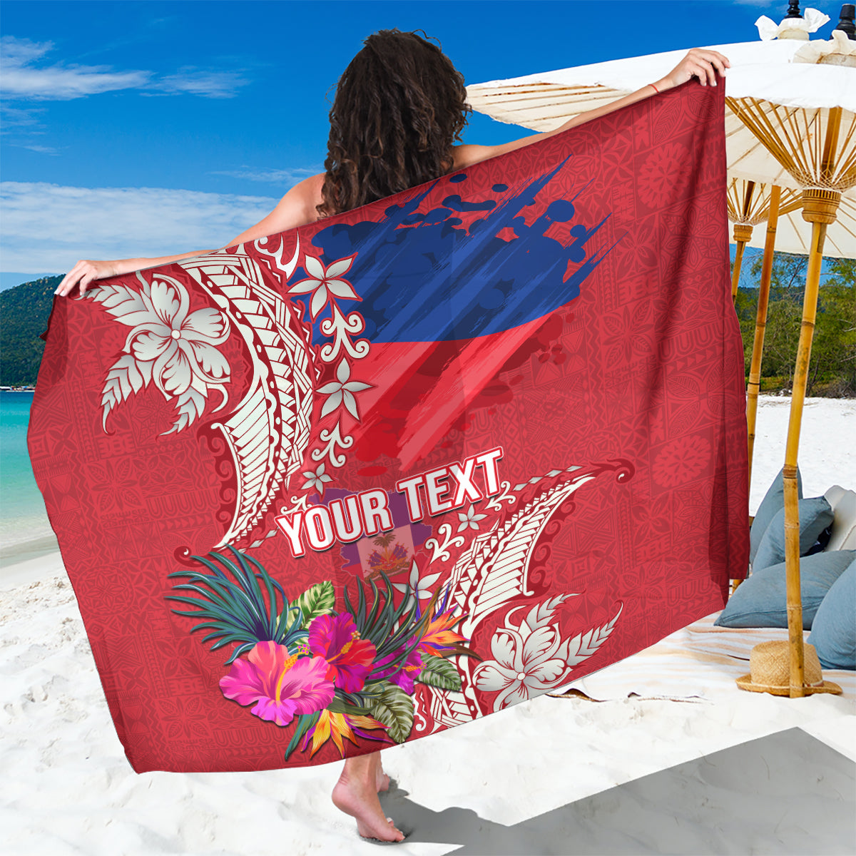 Personalised Haiti Coat Of Arms Sarong Repiblik d Ayiti Tropical Flower Red Polynesian Pattern LT03 One Size 44 x 66 inches Red - Polynesian Pride