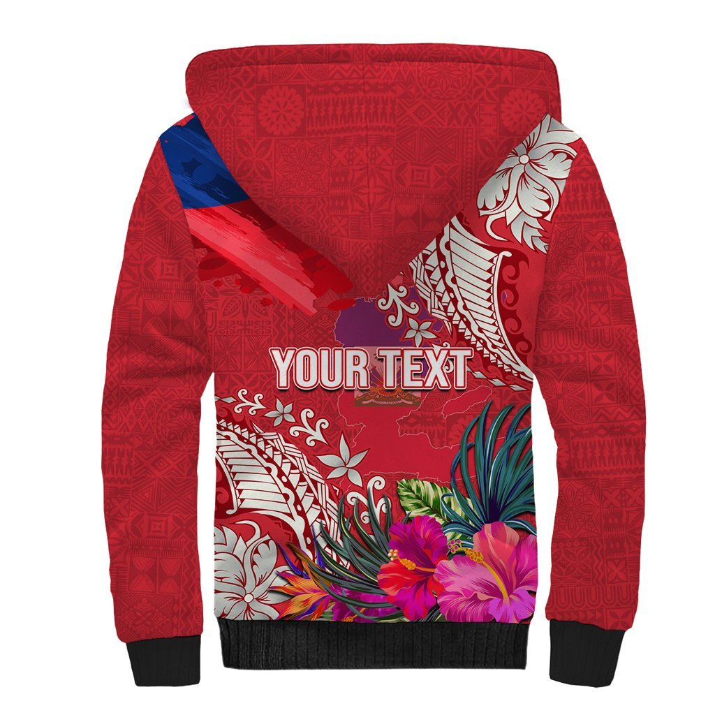 Personalised Haiti Coat Of Arms Sherpa Hoodie Repiblik d Ayiti Tropical Flower Red Polynesian Pattern LT03 - Polynesian Pride