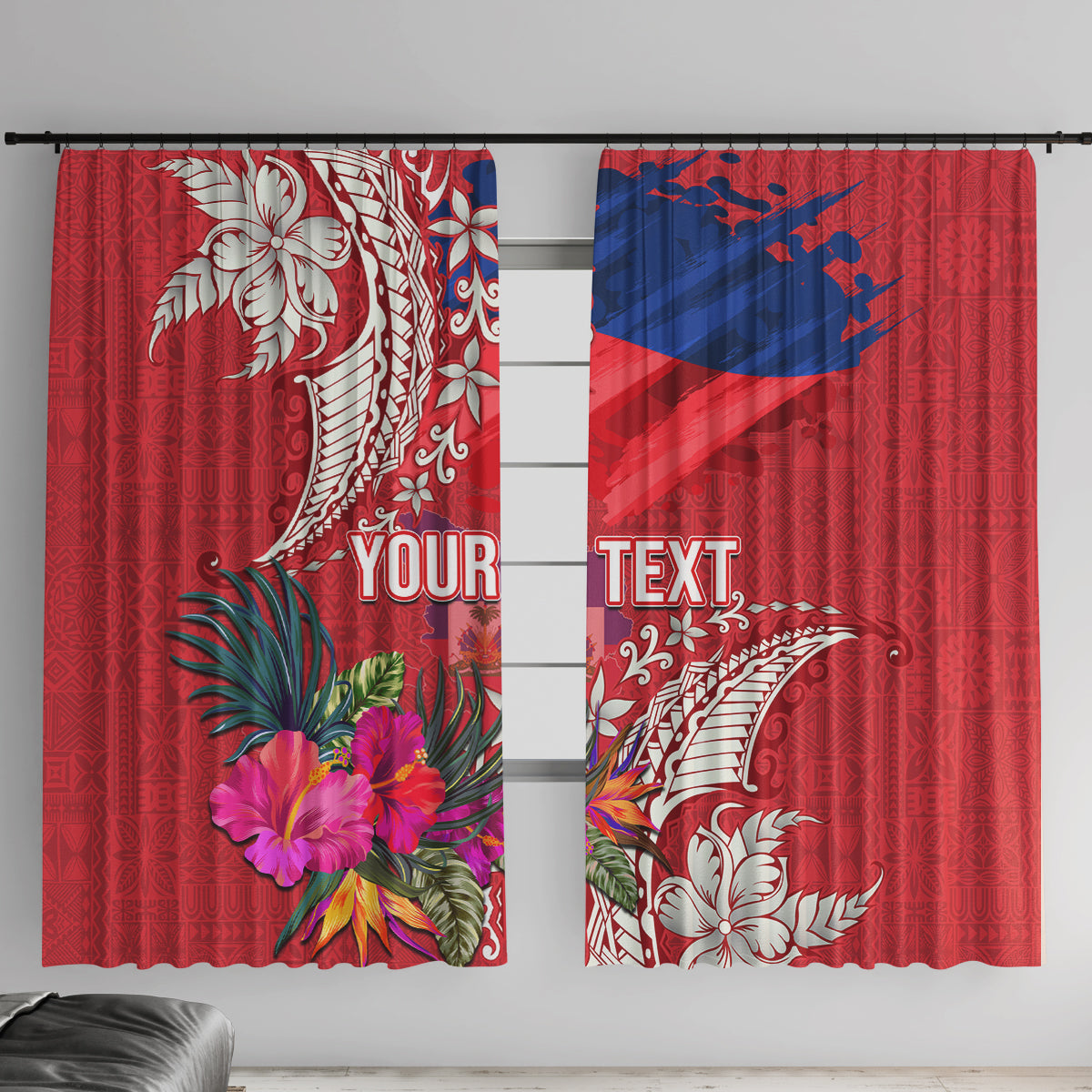 Personalised Haiti Coat Of Arms Window Curtain Repiblik d Ayiti Tropical Flower Red Polynesian Pattern LT03 With Hooks Red - Polynesian Pride