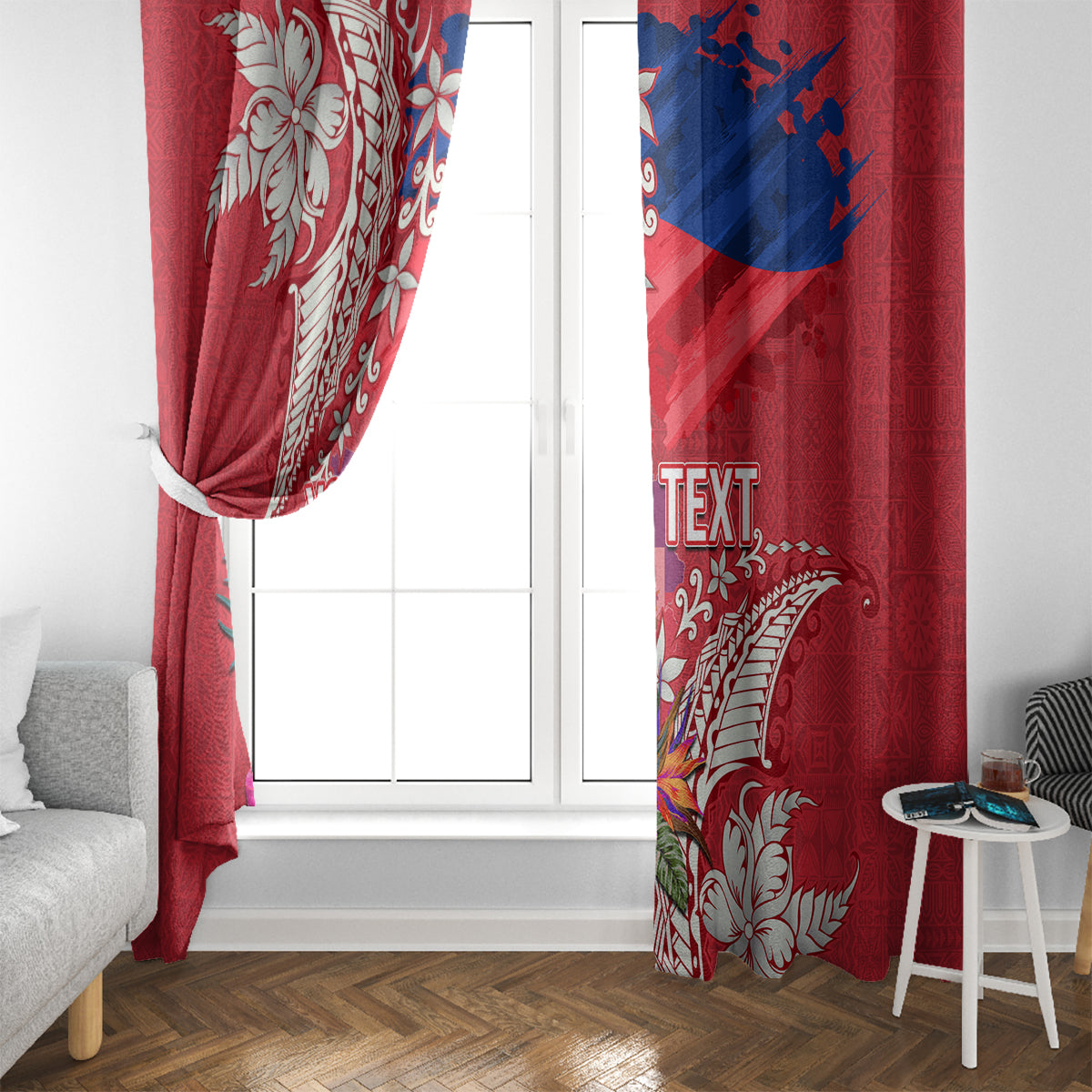 Personalised Haiti Coat Of Arms Window Curtain Repiblik d Ayiti Tropical Flower Red Polynesian Pattern LT03 - Polynesian Pride