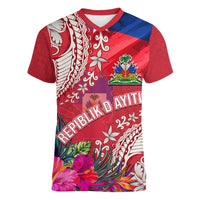 Personalised Haiti Coat Of Arms Women V Neck T Shirt Repiblik d Ayiti Tropical Flower Red Polynesian Pattern LT03 Female Red - Polynesian Pride