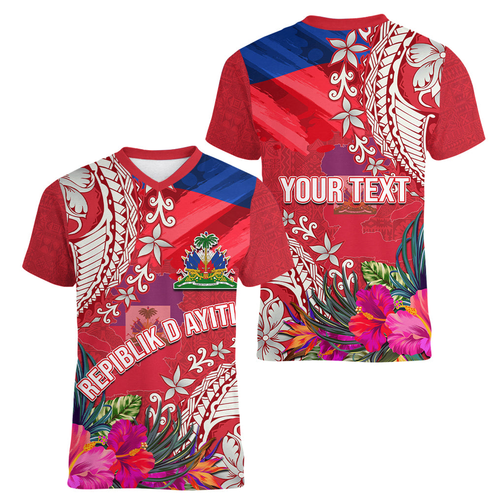 Personalised Haiti Coat Of Arms Women V Neck T Shirt Repiblik d Ayiti Tropical Flower Red Polynesian Pattern LT03 - Polynesian Pride