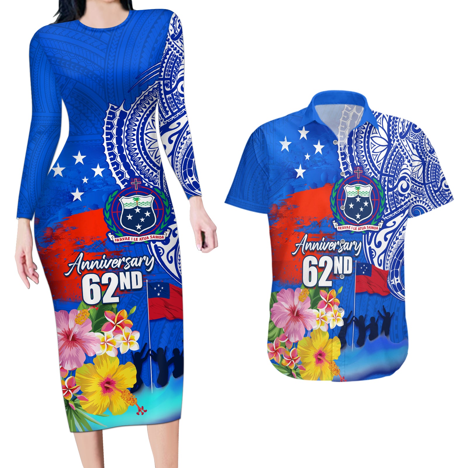 Personalised Samoa 62nd Anniversary Independence Day Couples Matching Long Sleeve Bodycon Dress and Hawaiian Shirt Samoan Tribal Flag Style LT03 Blue - Polynesian Pride