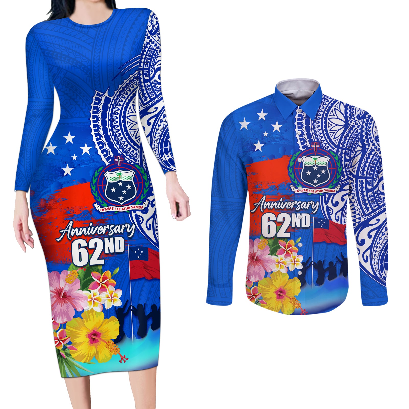 Personalised Samoa 62nd Anniversary Independence Day Couples Matching Long Sleeve Bodycon Dress and Long Sleeve Button Shirt Samoan Tribal Flag Style LT03 Blue - Polynesian Pride