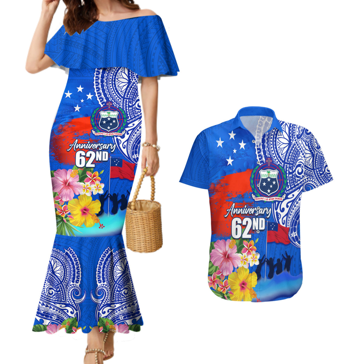 Personalised Samoa 62nd Anniversary Independence Day Couples Matching Mermaid Dress and Hawaiian Shirt Samoan Tribal Flag Style LT03 Blue - Polynesian Pride