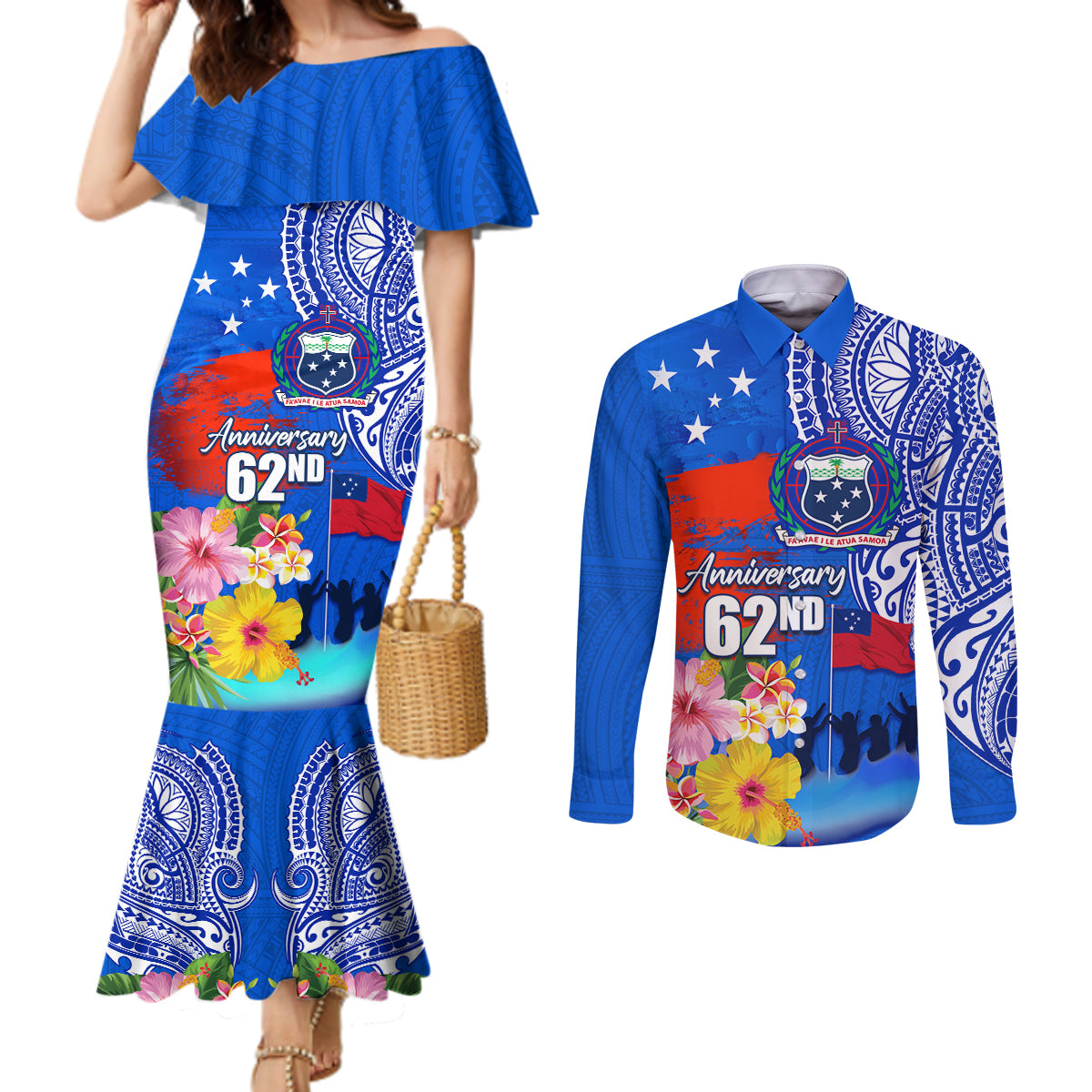 Personalised Samoa 62nd Anniversary Independence Day Couples Matching Mermaid Dress and Long Sleeve Button Shirt Samoan Tribal Flag Style LT03 Blue - Polynesian Pride