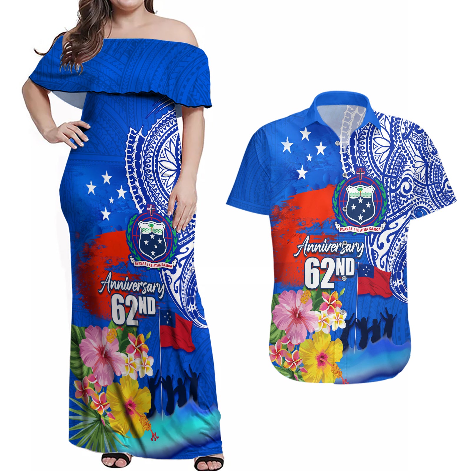 Personalised Samoa 62nd Anniversary Independence Day Couples Matching Off Shoulder Maxi Dress and Hawaiian Shirt Samoan Tribal Flag Style LT03 Blue - Polynesian Pride