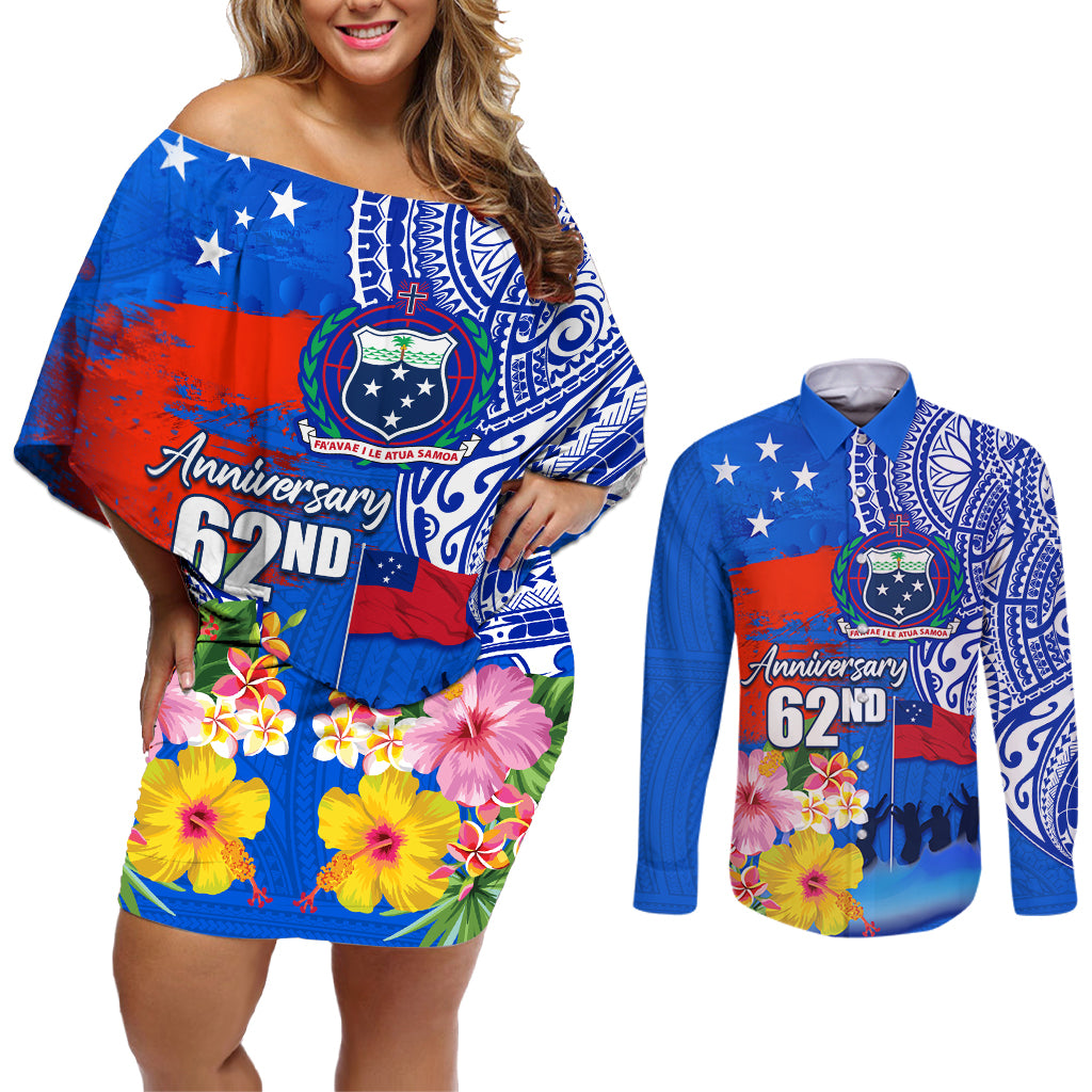 Personalised Samoa 62nd Anniversary Independence Day Couples Matching Off Shoulder Short Dress and Long Sleeve Button Shirt Samoan Tribal Flag Style LT03 Blue - Polynesian Pride