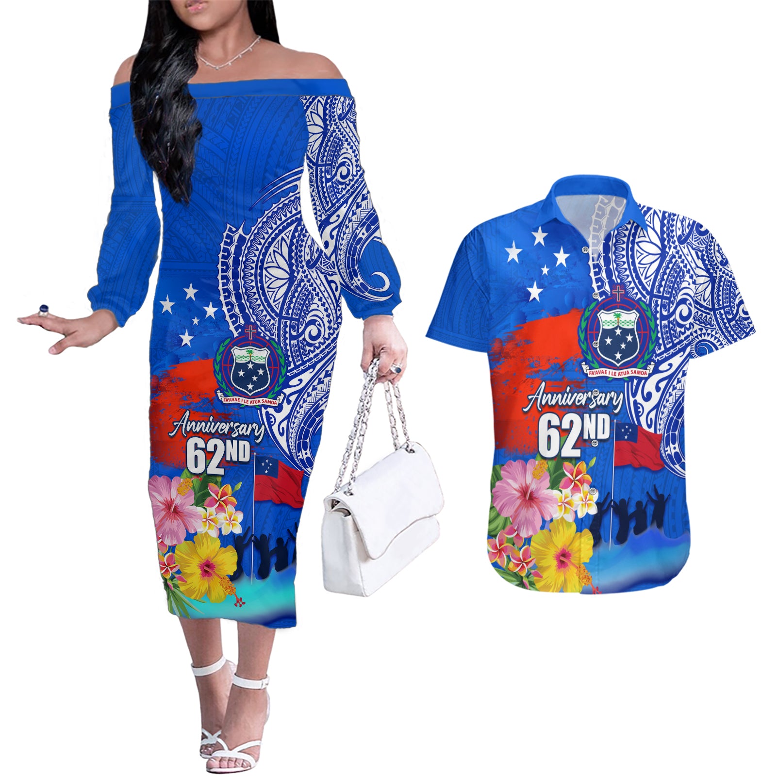 Personalised Samoa 62nd Anniversary Independence Day Couples Matching Off The Shoulder Long Sleeve Dress and Hawaiian Shirt Samoan Tribal Flag Style LT03 Blue - Polynesian Pride