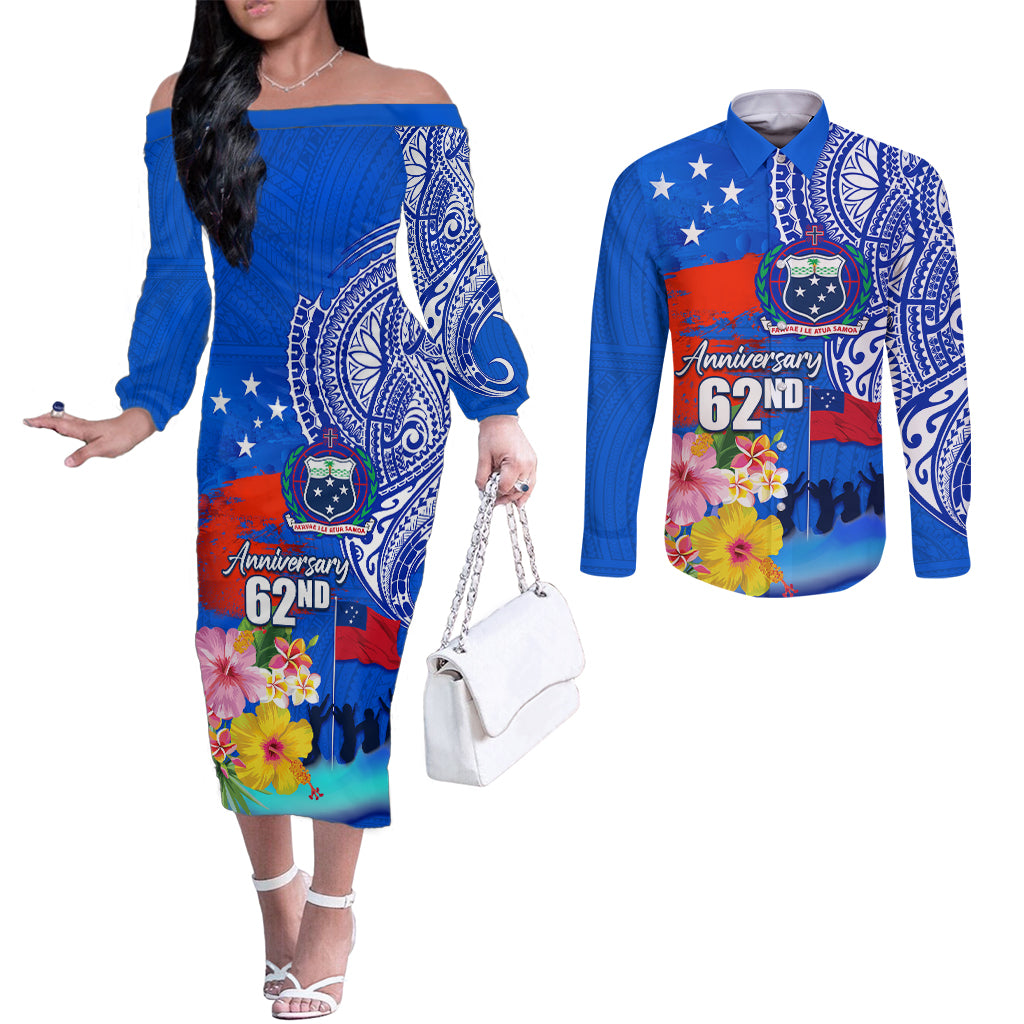 Personalised Samoa 62nd Anniversary Independence Day Couples Matching Off The Shoulder Long Sleeve Dress and Long Sleeve Button Shirt Samoan Tribal Flag Style LT03 Blue - Polynesian Pride