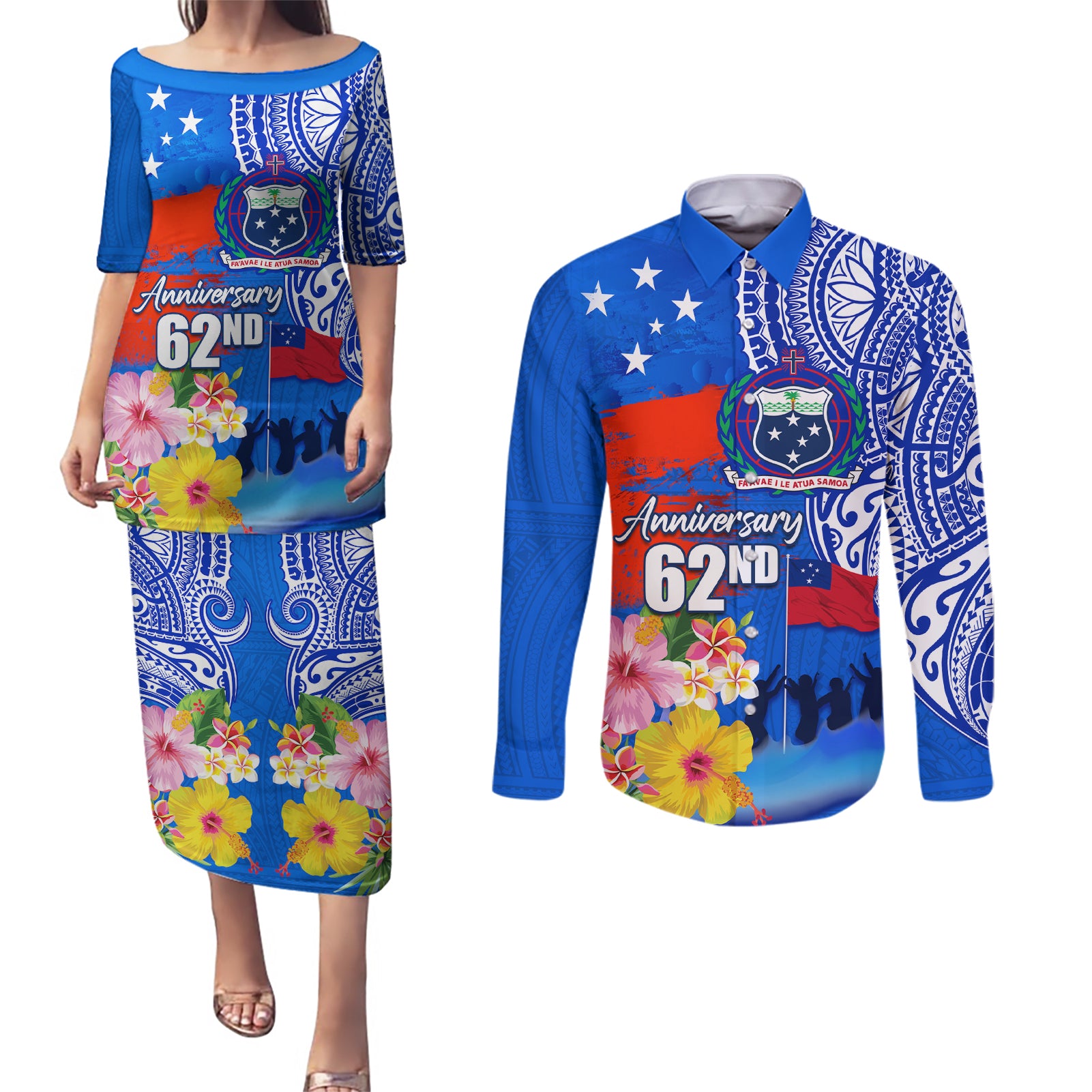 Personalised Samoa 62nd Anniversary Independence Day Couples Matching Puletasi Dress and Long Sleeve Button Shirt Samoan Tribal Flag Style LT03 Blue - Polynesian Pride