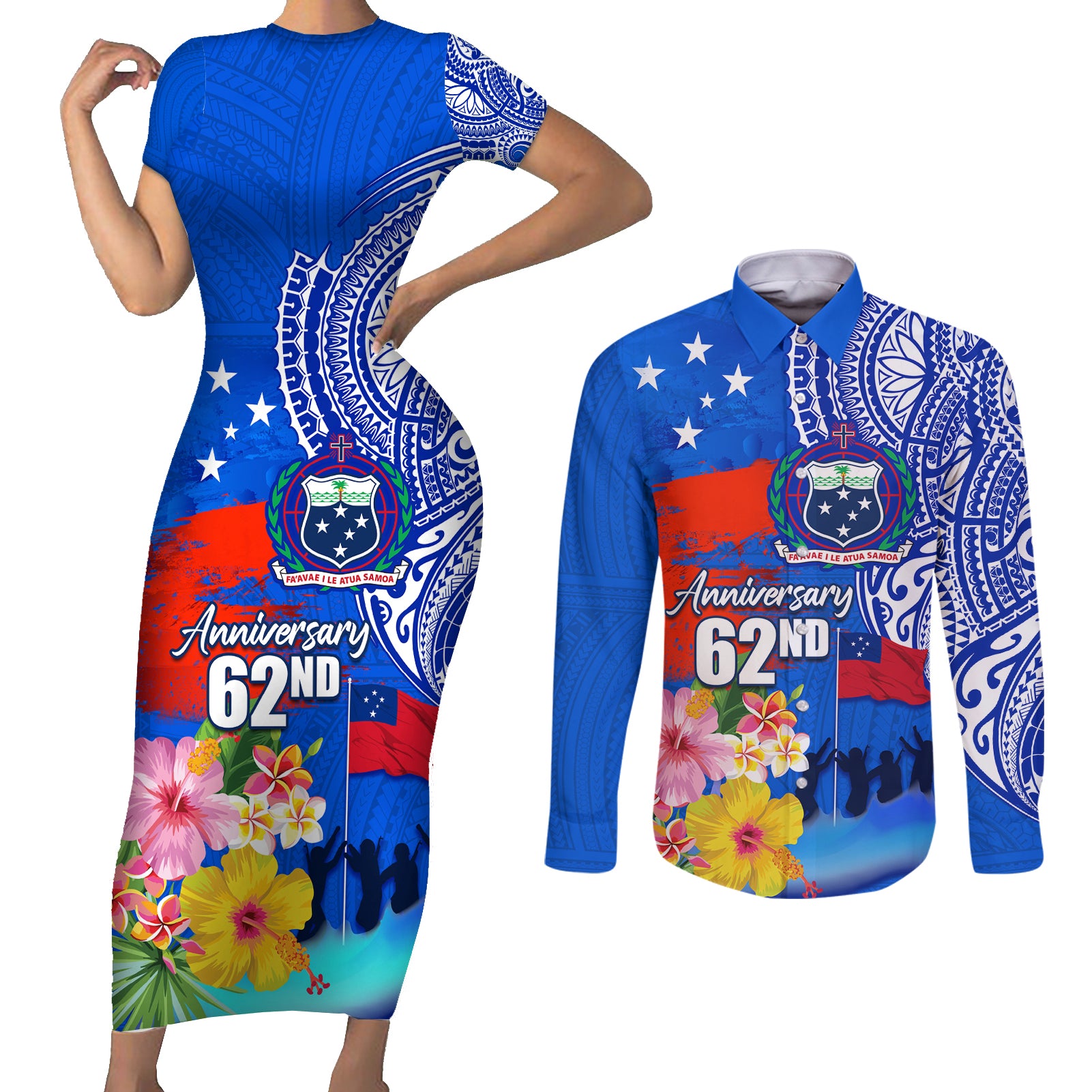 Personalised Samoa 62nd Anniversary Independence Day Couples Matching Short Sleeve Bodycon Dress and Long Sleeve Button Shirt Samoan Tribal Flag Style LT03 Blue - Polynesian Pride