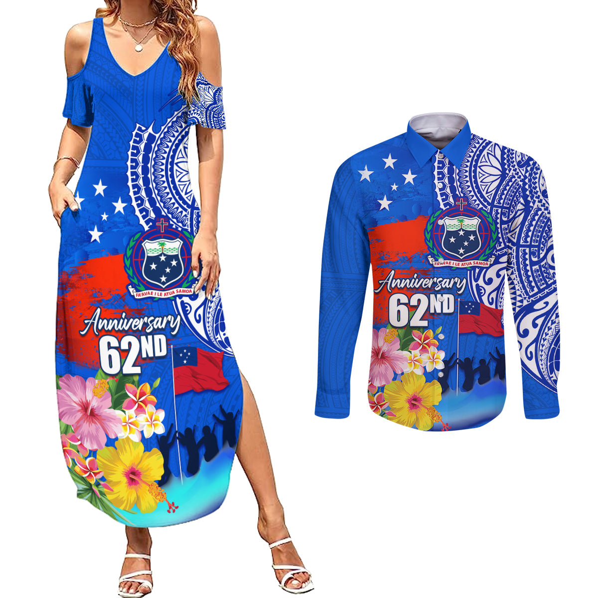 Personalised Samoa 62nd Anniversary Independence Day Couples Matching Summer Maxi Dress and Long Sleeve Button Shirt Samoan Tribal Flag Style LT03 Blue - Polynesian Pride