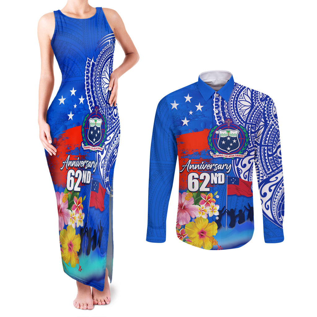 Personalised Samoa 62nd Anniversary Independence Day Couples Matching Tank Maxi Dress and Long Sleeve Button Shirt Samoan Tribal Flag Style LT03 Blue - Polynesian Pride