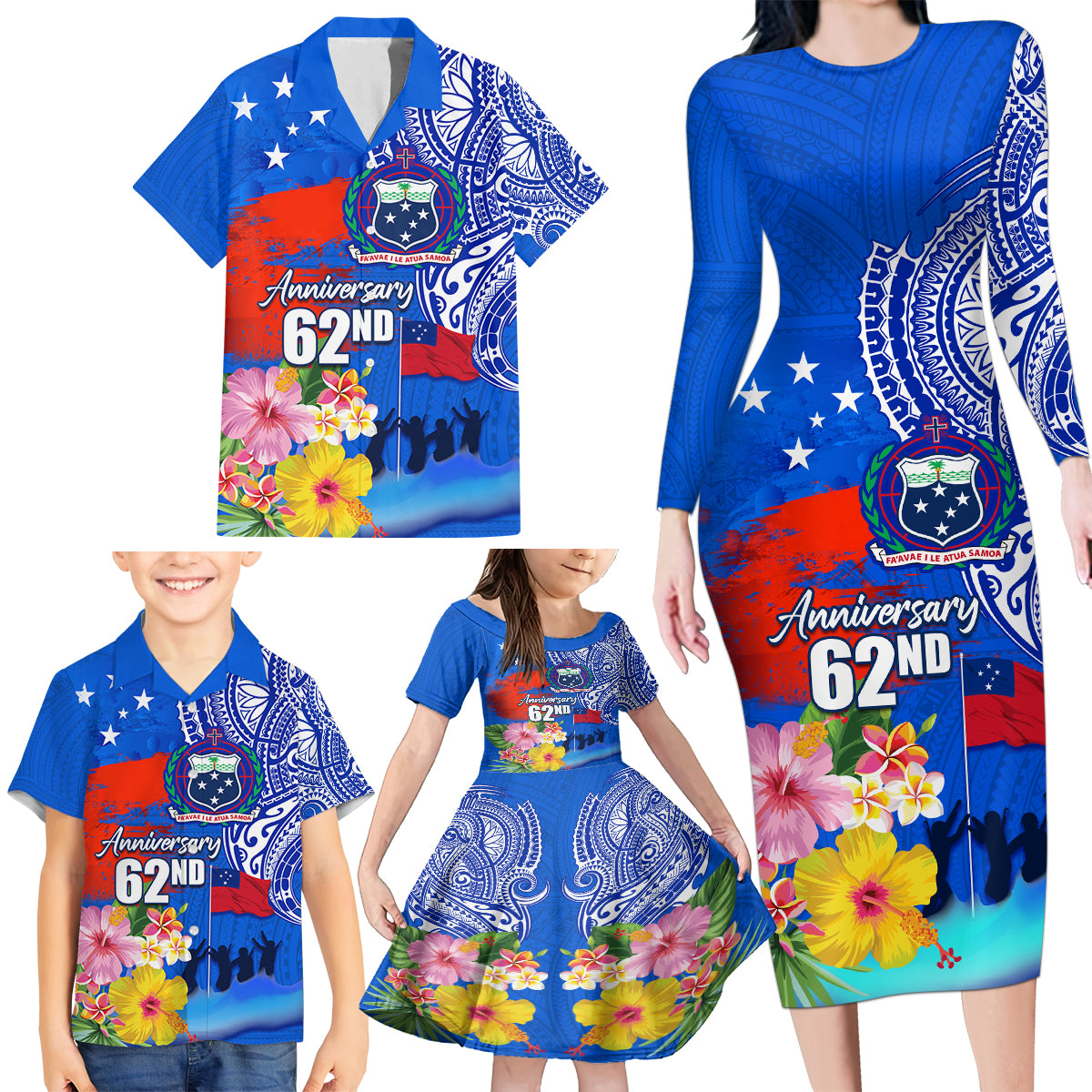 Personalised Samoa 62nd Anniversary Independence Day Family Matching Long Sleeve Bodycon Dress and Hawaiian Shirt Samoan Tribal Flag Style LT03 - Polynesian Pride