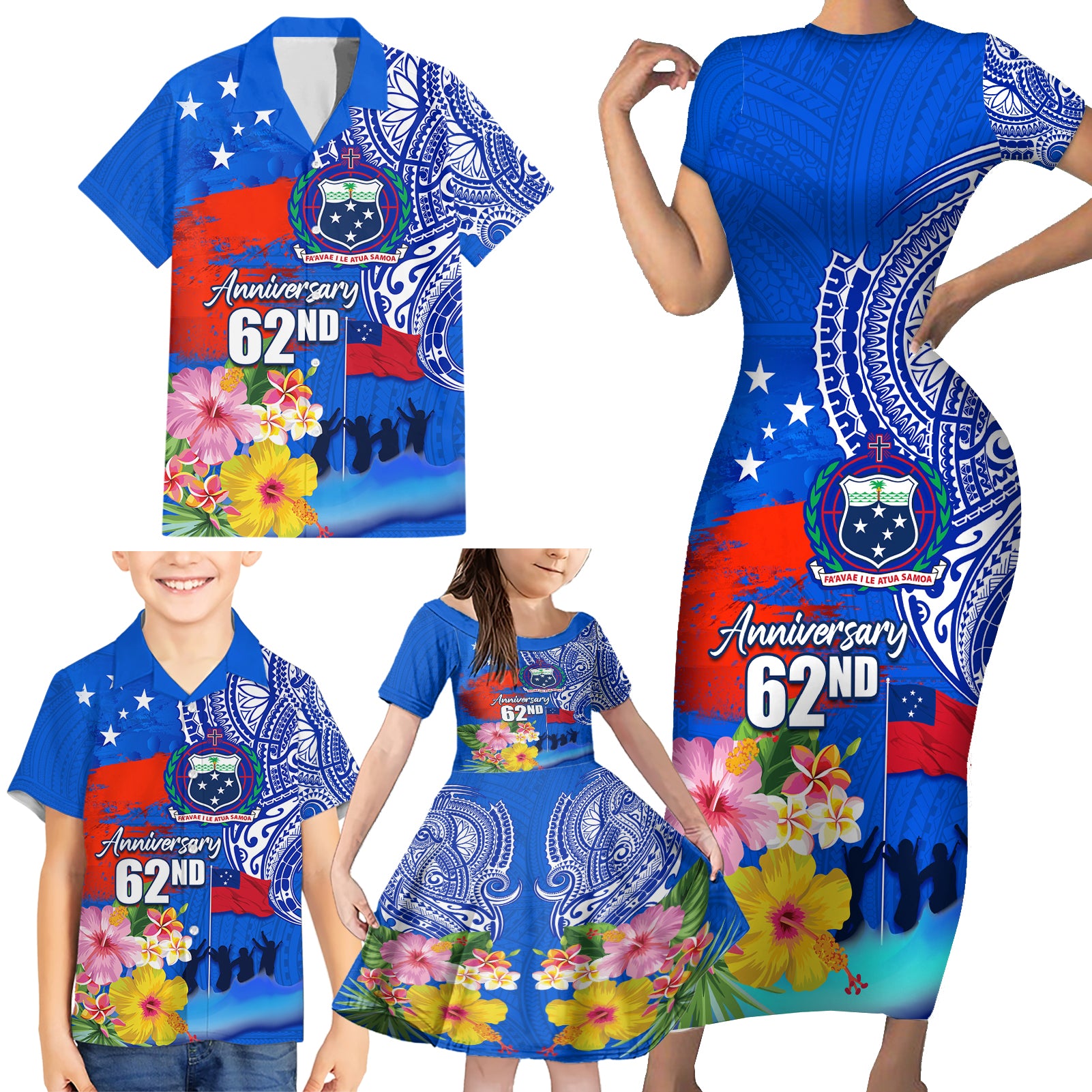 Personalised Samoa 62nd Anniversary Independence Day Family Matching Short Sleeve Bodycon Dress and Hawaiian Shirt Samoan Tribal Flag Style LT03 - Polynesian Pride