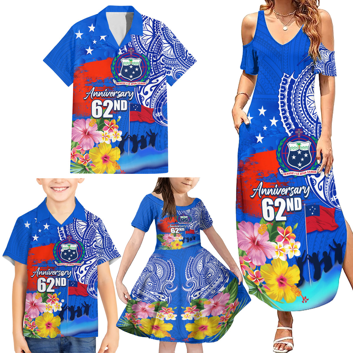 Personalised Samoa 62nd Anniversary Independence Day Family Matching Summer Maxi Dress and Hawaiian Shirt Samoan Tribal Flag Style LT03 - Polynesian Pride