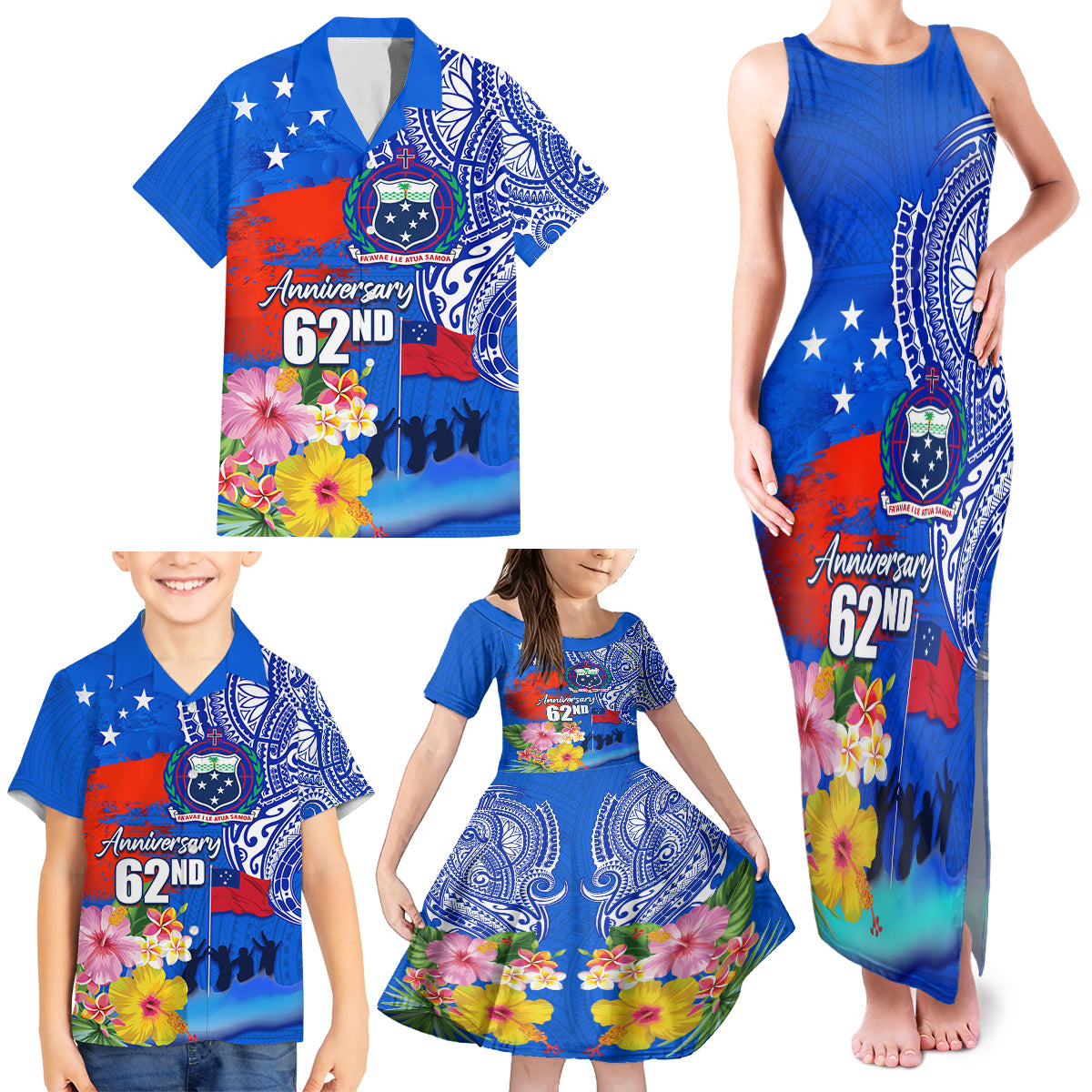 Personalised Samoa 62nd Anniversary Independence Day Family Matching Tank Maxi Dress and Hawaiian Shirt Samoan Tribal Flag Style LT03 - Polynesian Pride