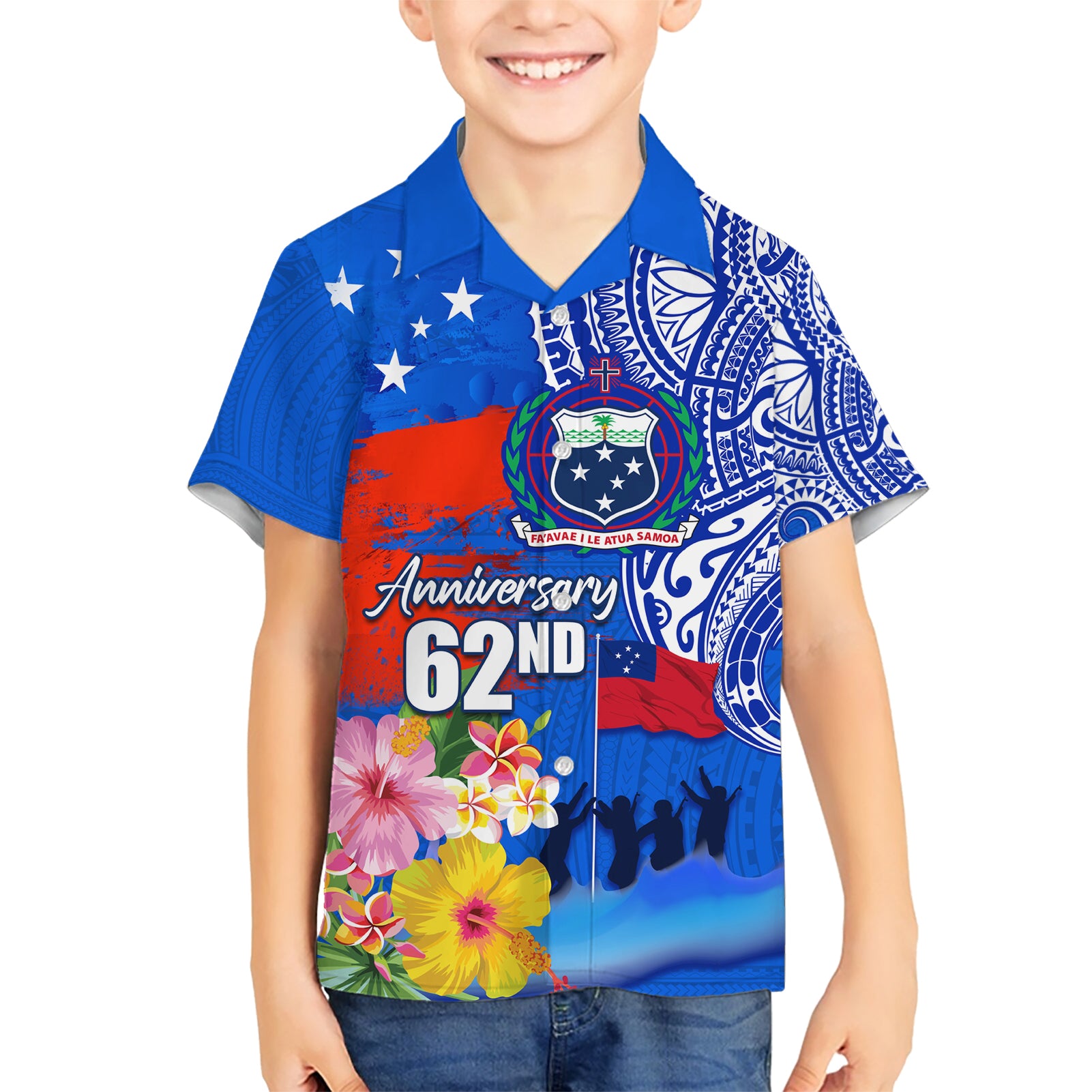 Personalised Samoa 62nd Anniversary Independence Day Kid Hawaiian Shirt Samoan Tribal Flag Style LT03 Kid Blue - Polynesian Pride