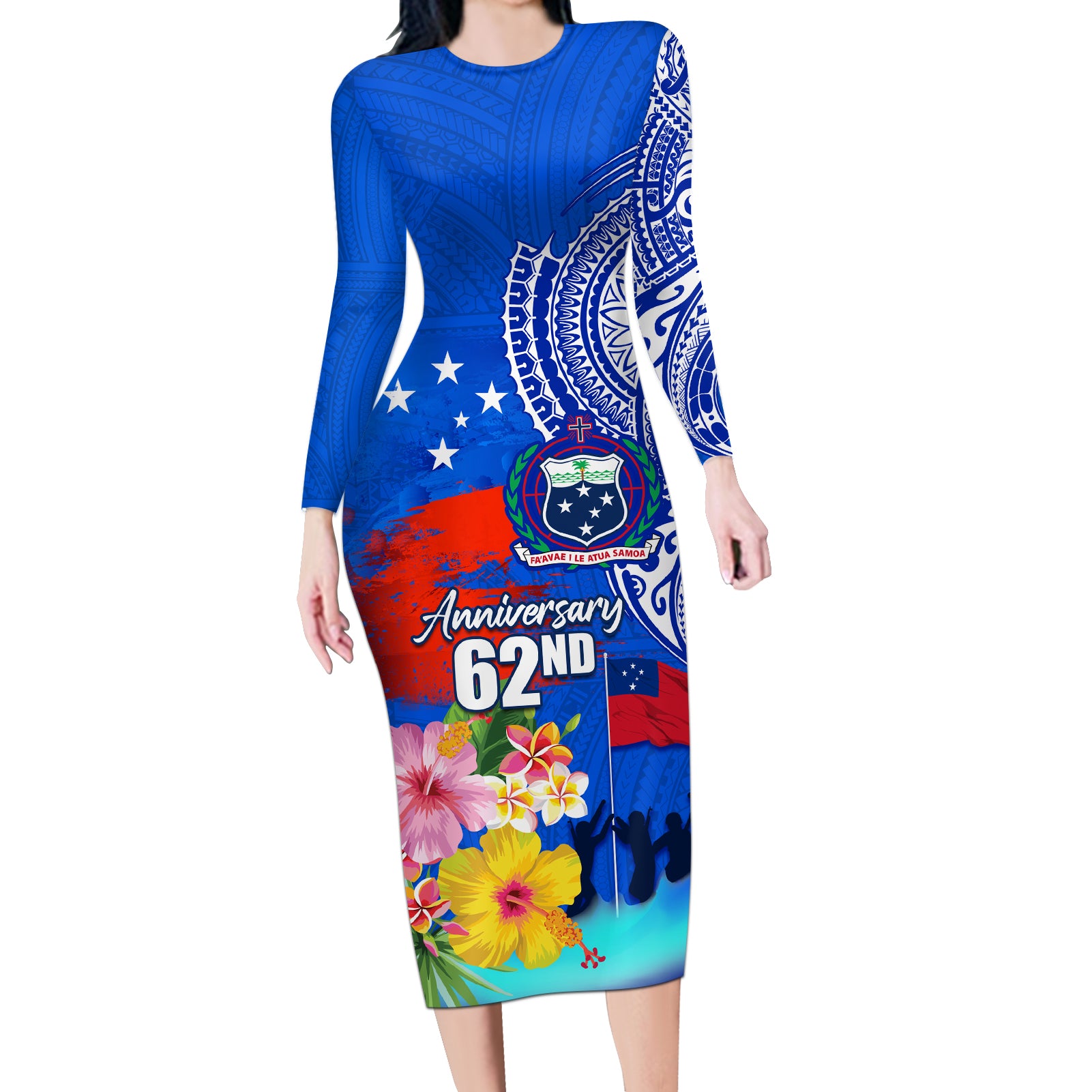 Personalised Samoa 62nd Anniversary Independence Day Long Sleeve Bodycon Dress Samoan Tribal Flag Style LT03 Long Dress Blue - Polynesian Pride