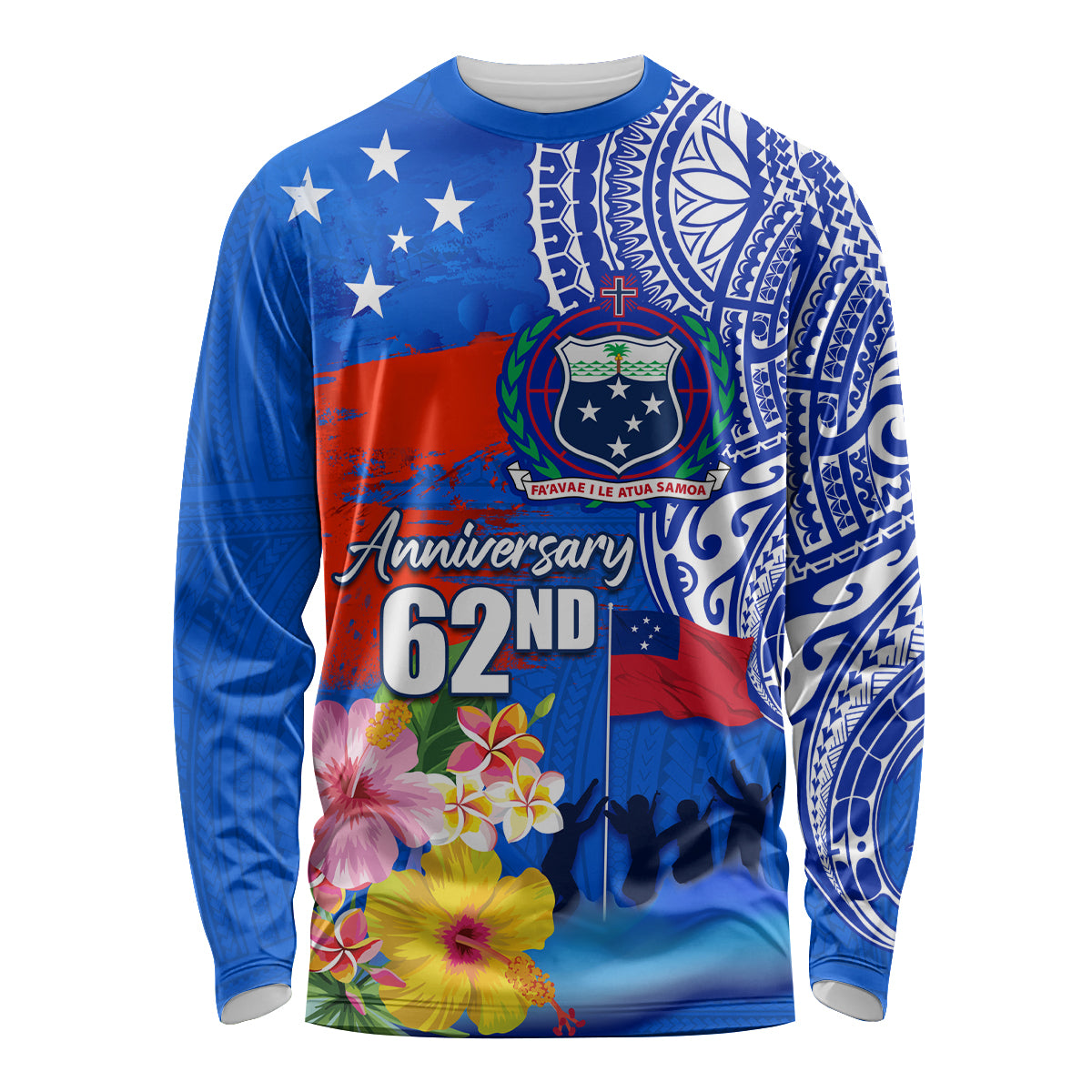 Personalised Samoa 62nd Anniversary Independence Day Long Sleeve Shirt Samoan Tribal Flag Style LT03 Unisex Blue - Polynesian Pride