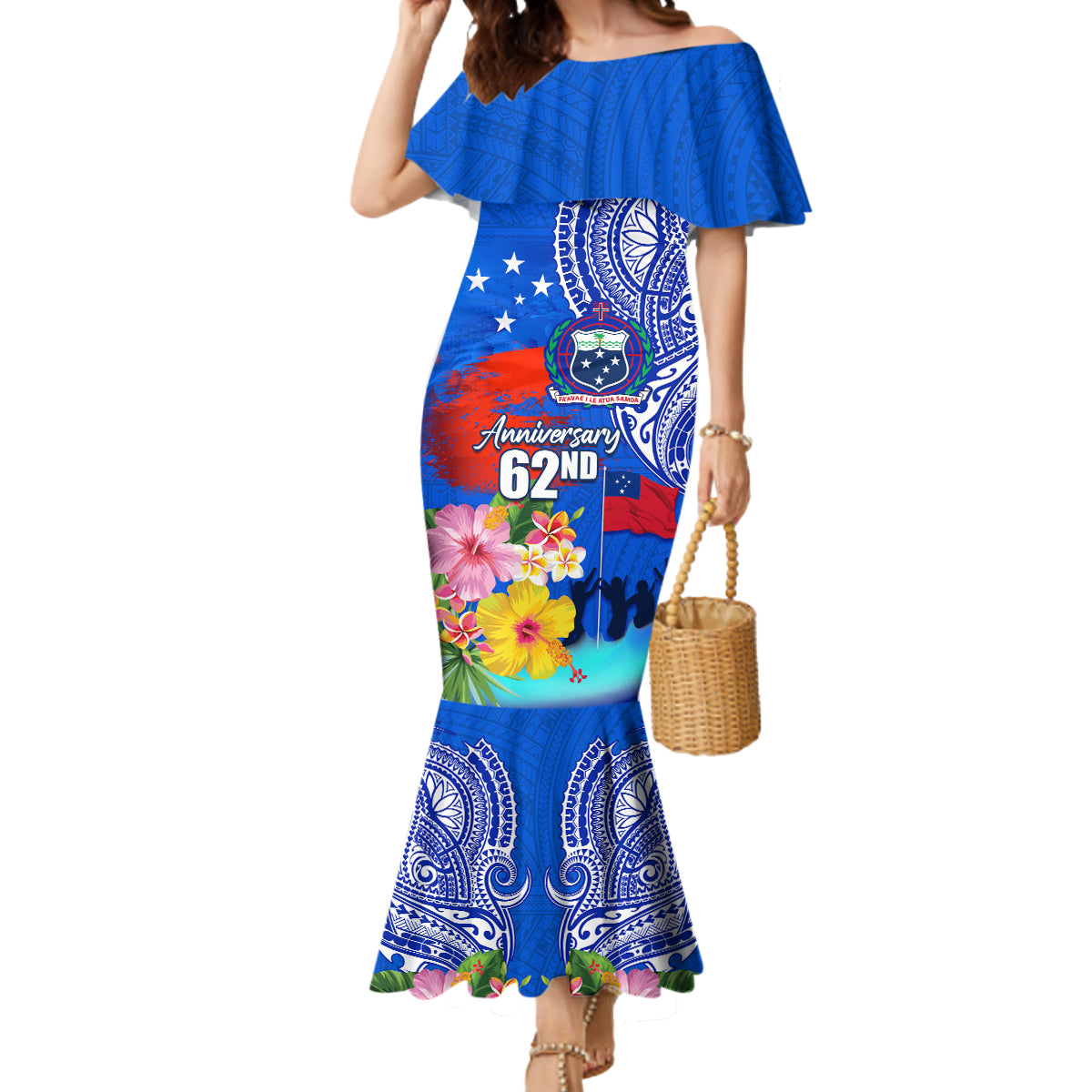 Personalised Samoa 62nd Anniversary Independence Day Mermaid Dress Samoan Tribal Flag Style LT03 Women Blue - Polynesian Pride