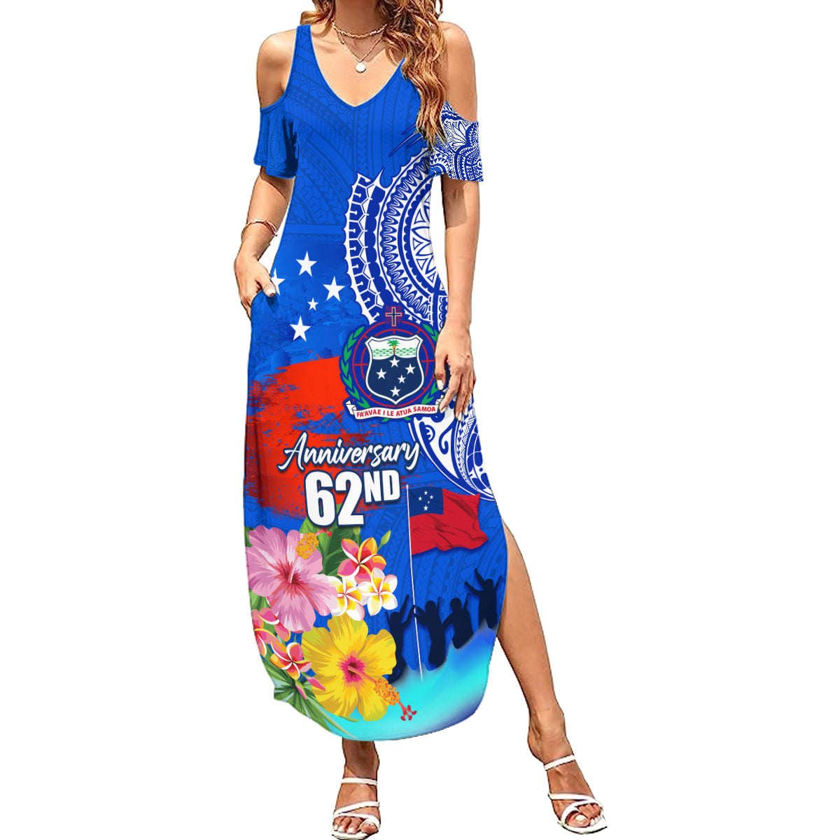 Personalised Samoa 62nd Anniversary Independence Day Summer Maxi Dress Samoan Tribal Flag Style LT03 Women Blue - Polynesian Pride