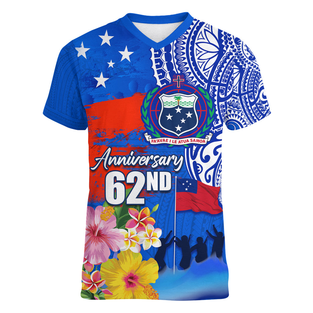 Personalised Samoa 62nd Anniversary Independence Day Women V Neck T Shirt Samoan Tribal Flag Style LT03 Female Blue - Polynesian Pride