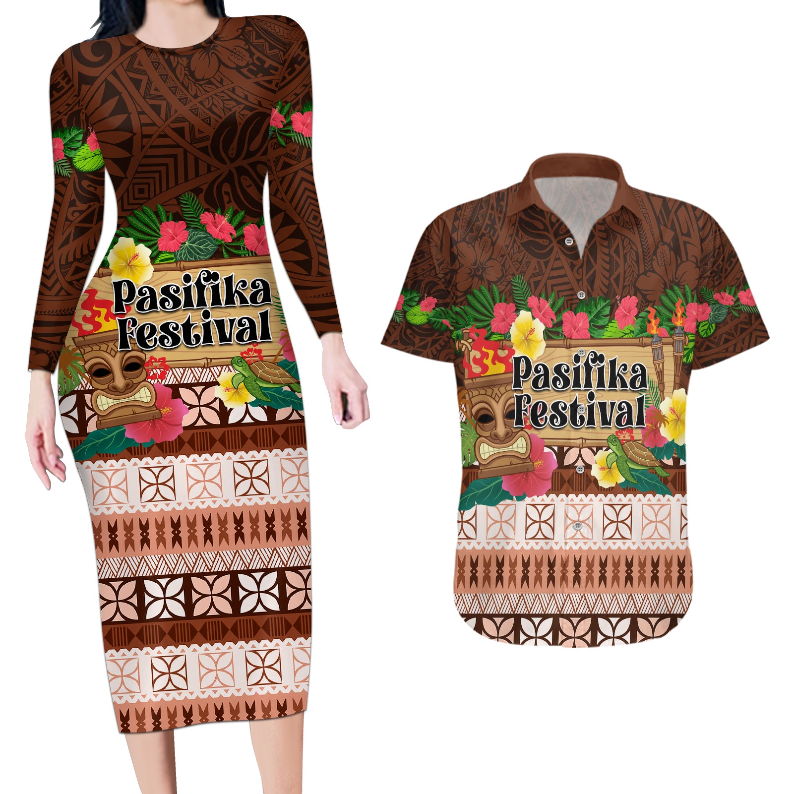 Pasifika Festival Auckland Couples Matching Long Sleeve Bodycon Dress and Hawaiian Shirt Polynesian Tribal with Pacific Pattern Brown Color LT03 Brown - Polynesian Pride