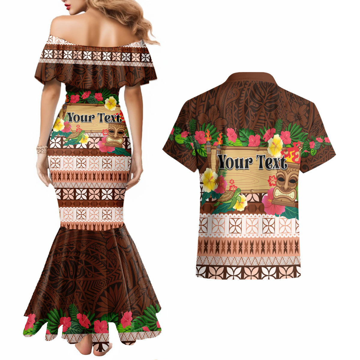 Pasifika Festival Auckland Couples Matching Mermaid Dress and Hawaiian Shirt Polynesian Tribal with Pacific Pattern Brown Color LT03 - Polynesian Pride